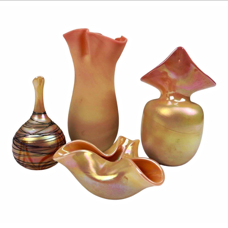 Kralik Art Nouveau Hand Blown Iridescent Swirl Signed Glass Vase Lot of 4