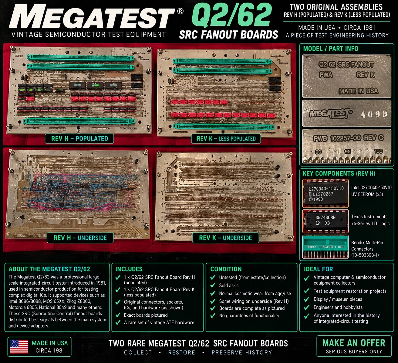 2x Megatest Q2/62 SRC FANOUT Boards Rev H & K Vintage Semiconductor ATE