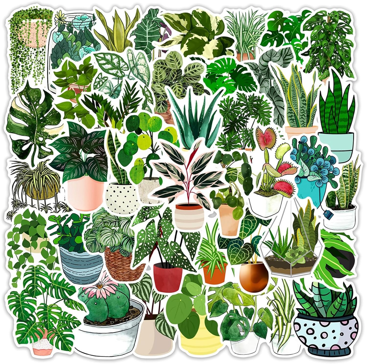 50 Pcs Green Plants Stickers Potted Plant Floral Sticker for Laptops Water
