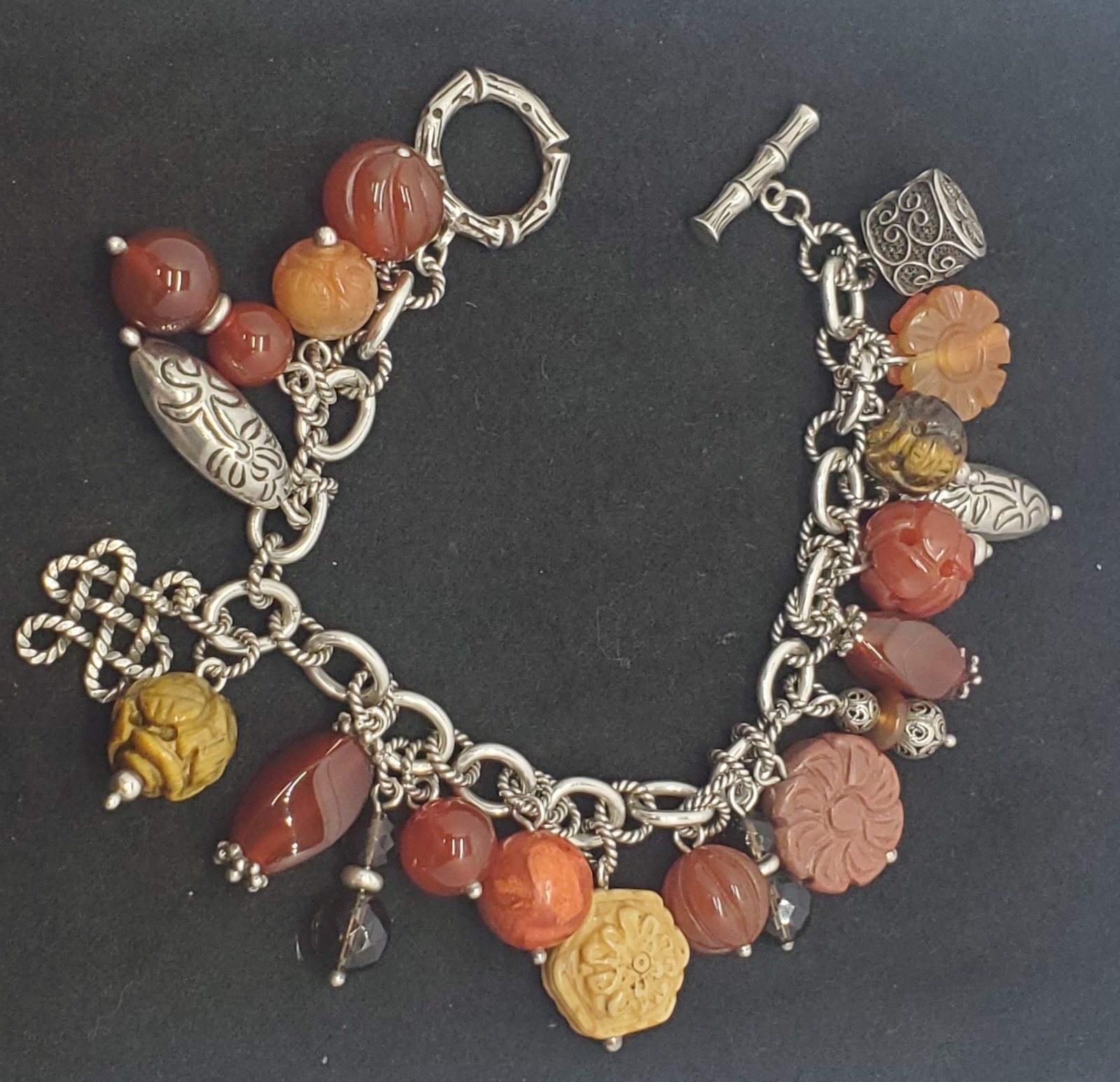 Artisan Sterling Silver & Carved Coral Charm Bracelet - 8in