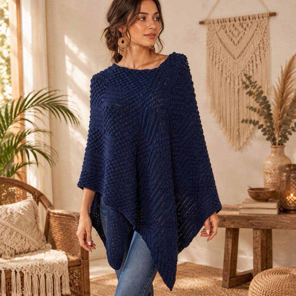 Chico’s Women’s L/XL Navy Blue Textured Knit Poncho Sweater NWT Boho