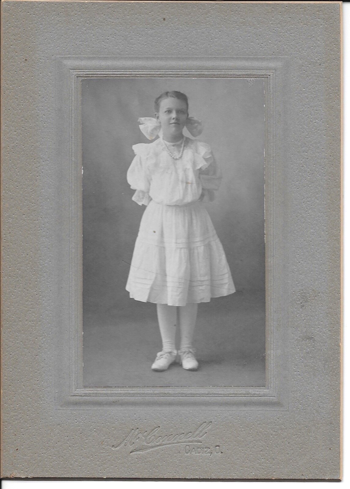 Antique Cabinet Card Photo Young Girl Frilly White Dress Bow Cadiz Ohio 1890s Antique Cabinet Card Photo Young Girl Frilly White Dress Bow Cadiz Ohio 1890s