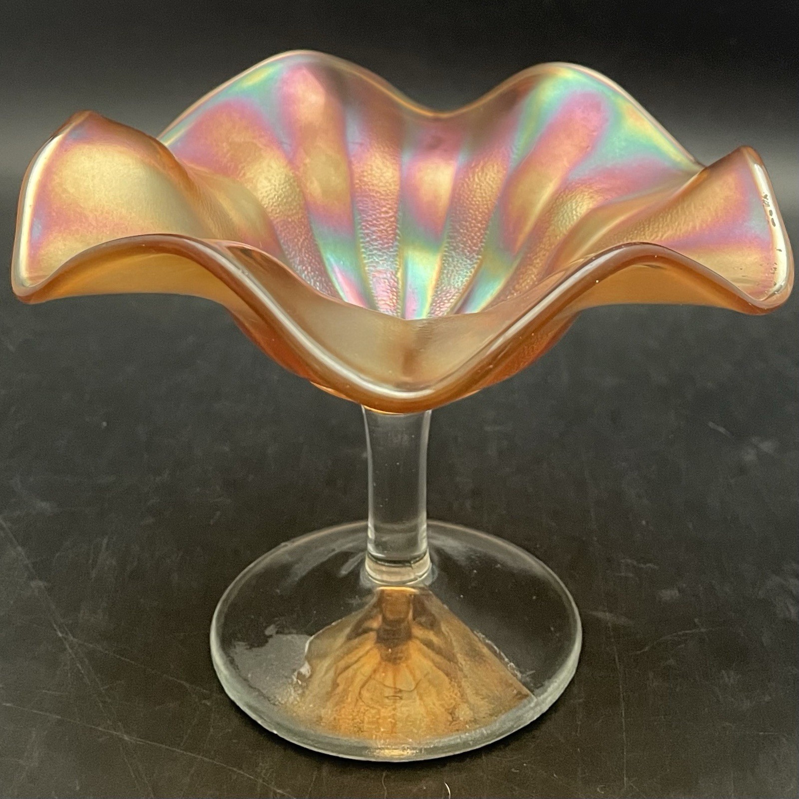 Fenton Amber Marigold Iridescent Rib & Ray Ruffled Candy Dish c1950s USA 4.5\