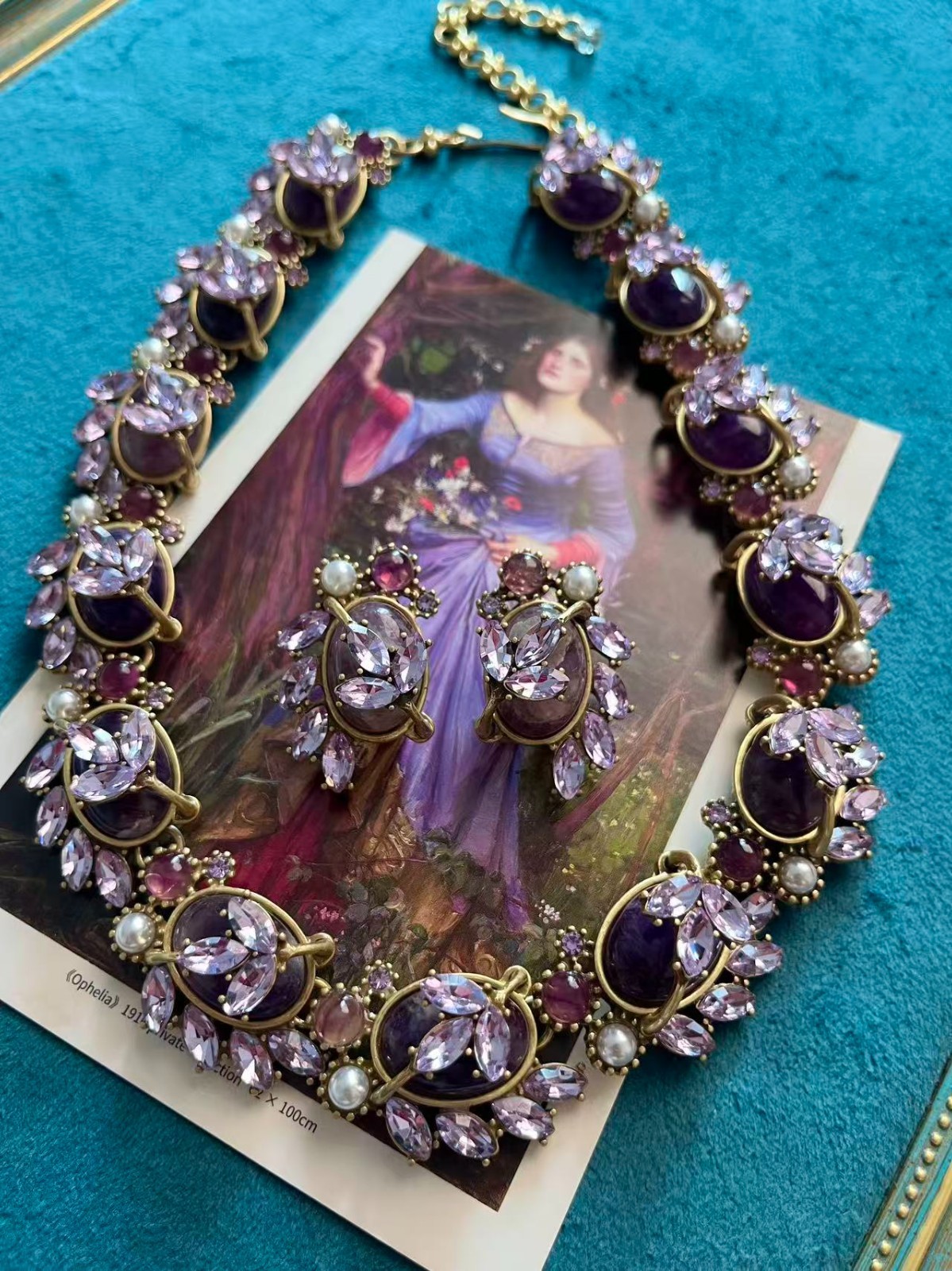 Vintage Amethyst Statement Necklace Earrings Set Victorian Purple Crystal