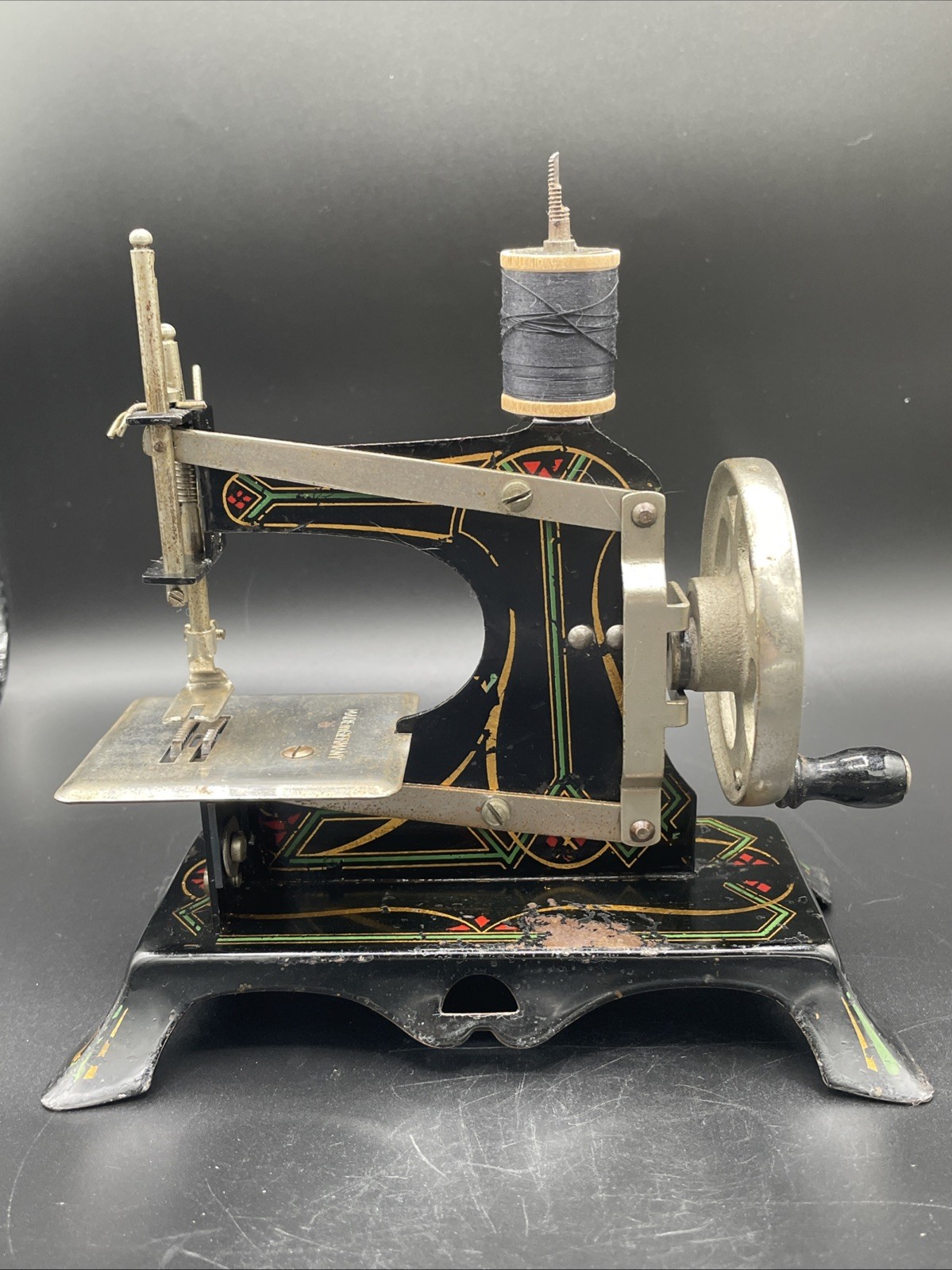 Antique German Toy Sewing Machine Art Deco Casige Geometric Decals AS IS