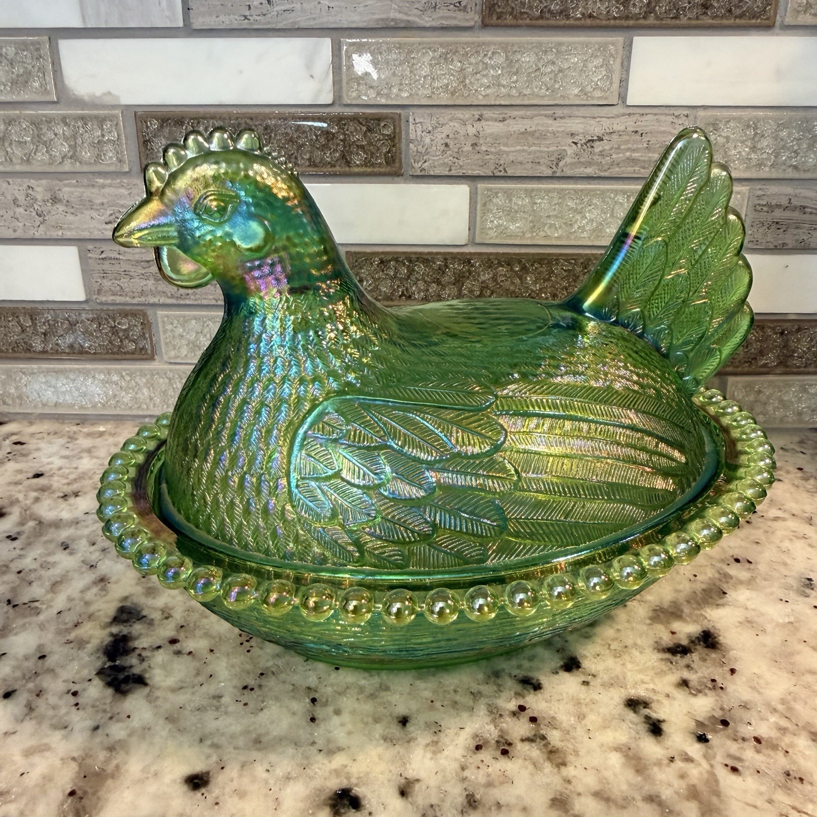 GORGEOUS Vintage 1971 Indiana Glass Lime Green Iridescent “Hen on Nest” Beaded GORGEOUS Vintage 1971 Indiana Glass Lime Green Iridescent “Hen on Nest” Beaded