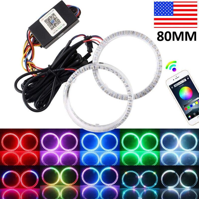 2pcs/ RGB 80mm LED Light Guide Angel Eyes Halo Rings for Car Headlights Retrofit
