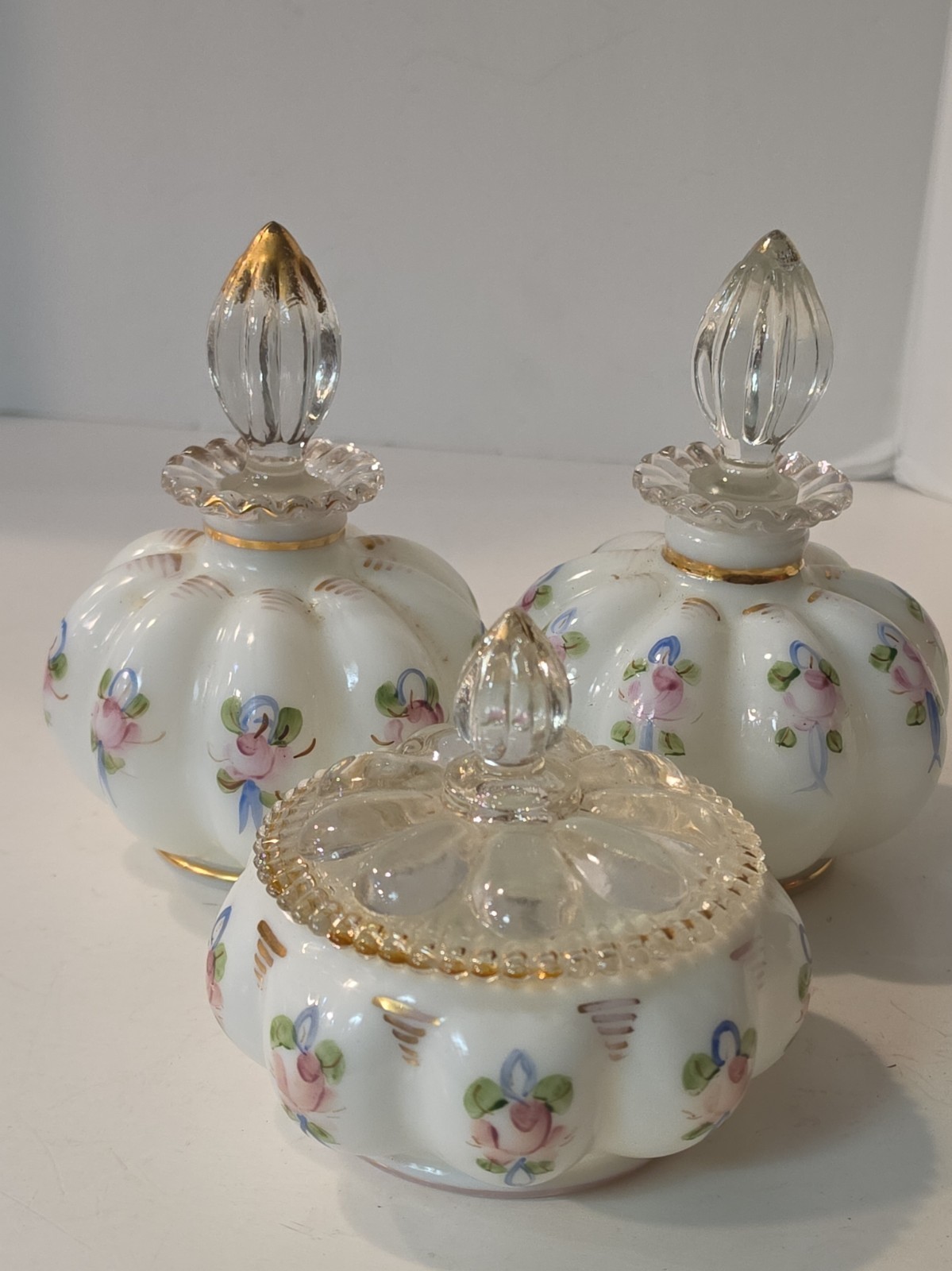 VTG Fenton Charlton Rose Milk Glass Perfume Bottles & Powder Box Hand Decorated