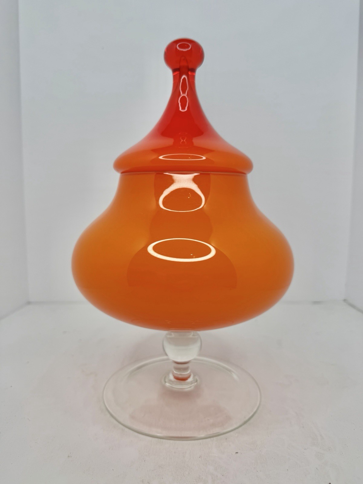 HTF Vintage MCM Empoli Glass Orange Cased Glass Candy Dish 11.5” W/lid Amazing HTF Vintage MCM Empoli Glass Orange Cased Glass Candy Dish 11.5” W/lid Amazing