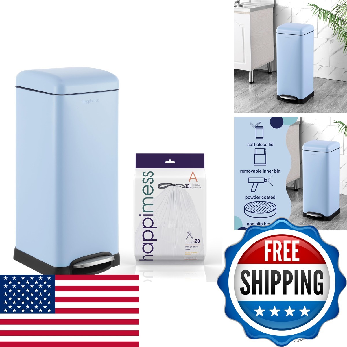 happimess Betty 8 Gal Step Trash Can Soft-Close Lid Tide Pool Blue