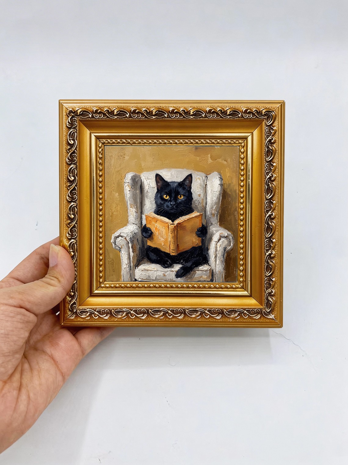 Black Cat Reading Book Vintage Armchair Custom Original Oil Painting from photo