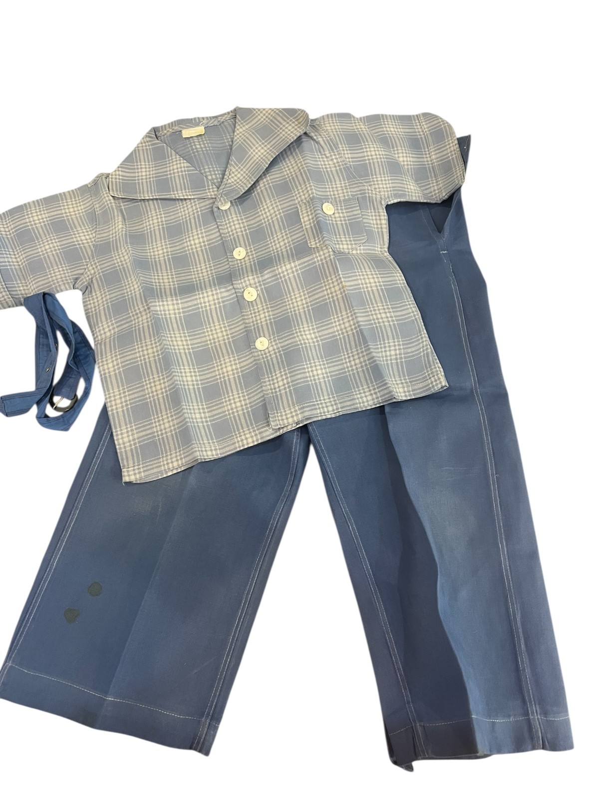Vtg 20s 30s BOYS Outfit 3 Pc STANTOGS SET Blue Pants Plaid Shirt Belt Apprx Sz 4