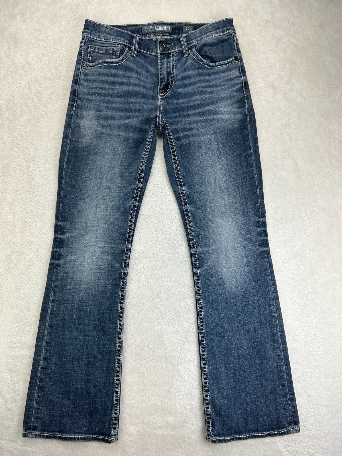 BKE Denim Fulton Bootcut Jeans Mens 32R Indigo Blue Medium Wash Low Rise Stretch BKE Denim Fulton Bootcut Jeans Mens 32R Indigo Blue Medium Wash Low Rise Stretch