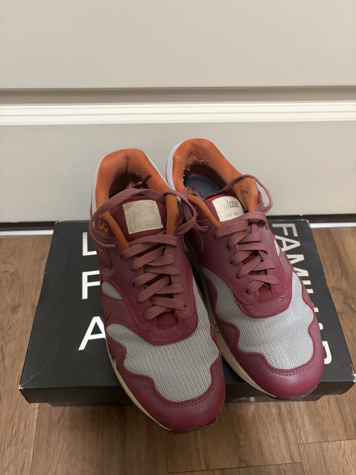 Nike Patta x Air Max 1 Rush Maroon US Size 9 w/ box, extra laces, NO BRACELET Nike Patta x Air Max 1 Rush Maroon US Size 9 w/ box, extra laces, NO BRACELET