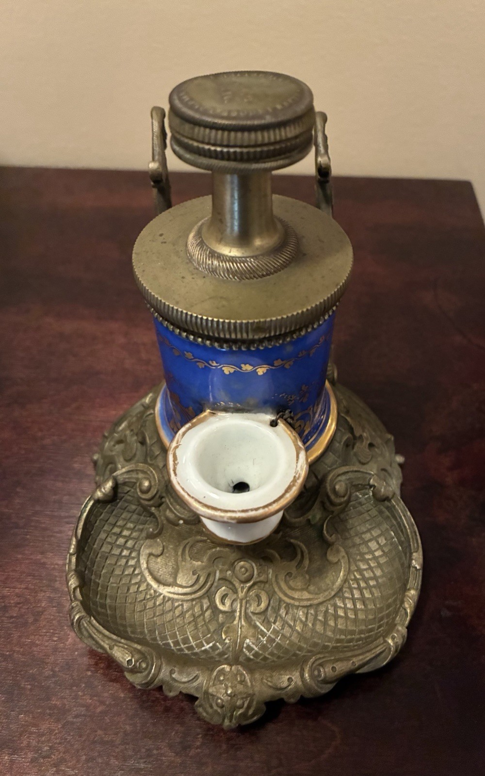 19th c. French Boquet Breveté Porcelain & Bronze Mechanical Pump Inkwell c. 1839