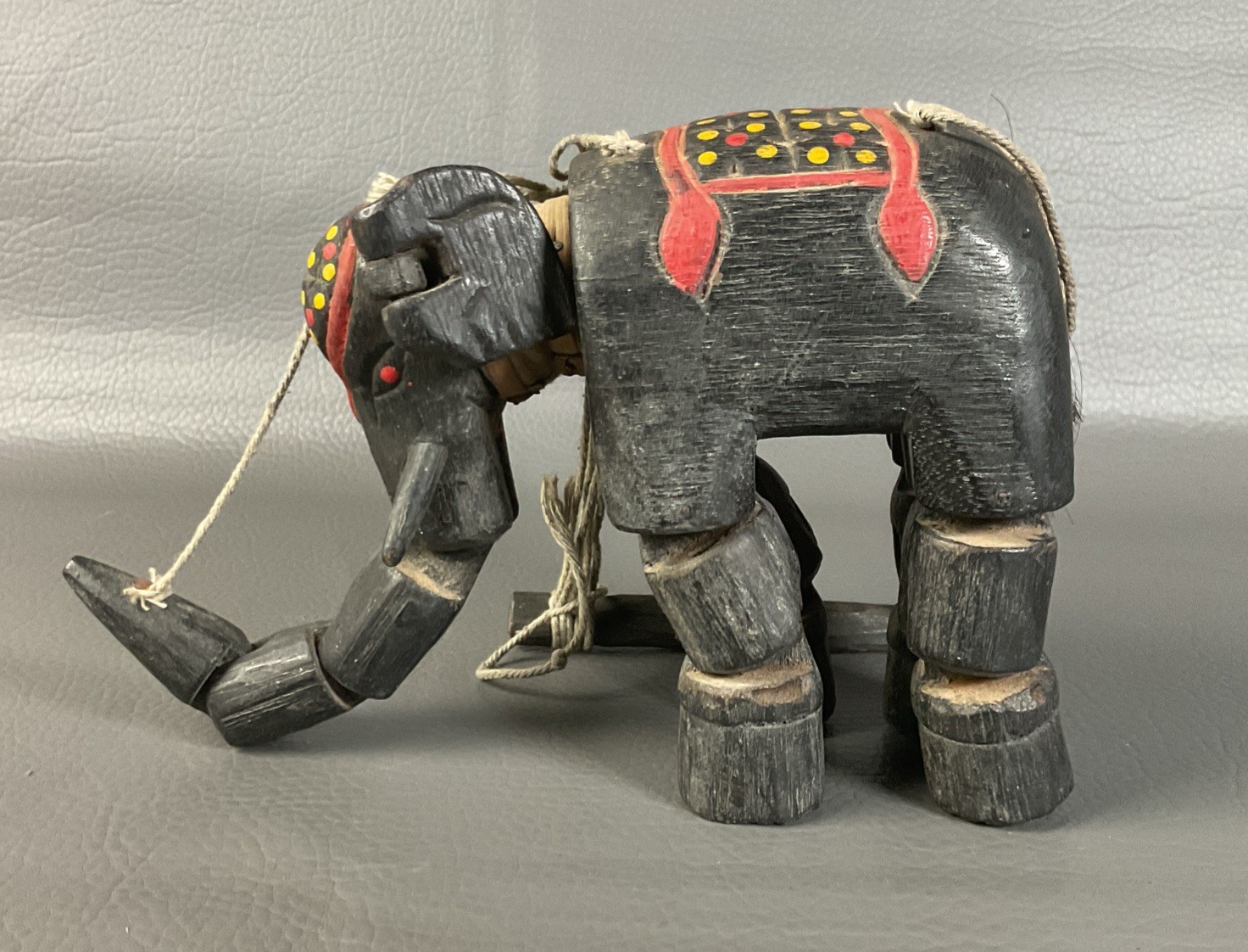 VINTAGE HAND CRAFTED WOODEN ARTICULATED ELEPHANT MARIONETTE  PUPPET WALL HANGING