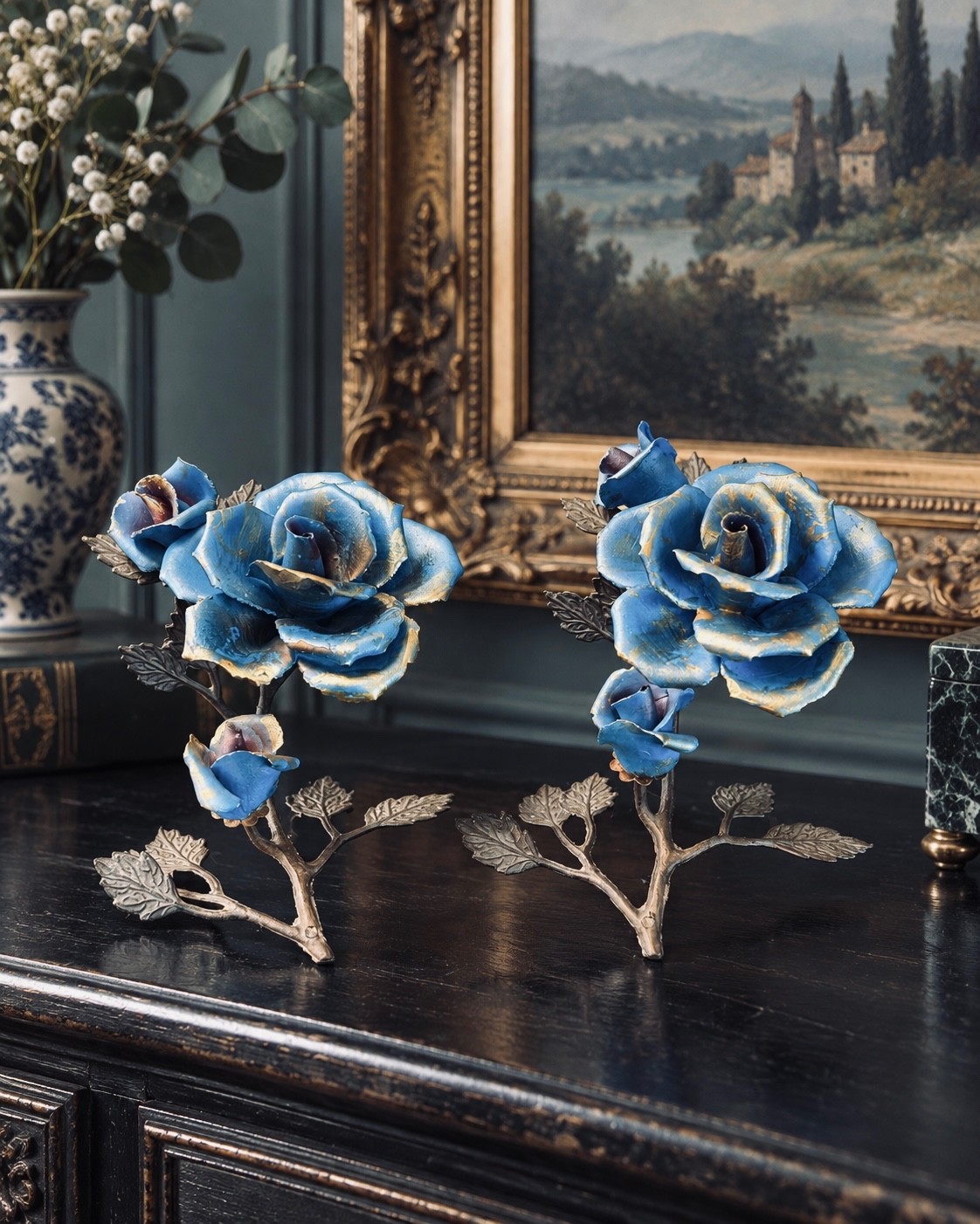 Vintage Pair Handmade Ceramic Blue Roses Metal Branch Floral Decor Gold Accent