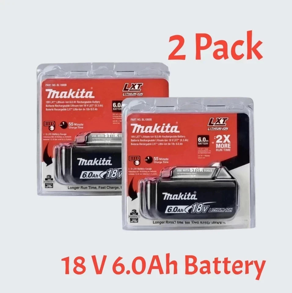 2 x Makita BL1860B-2 18V LXT Lithium-Ion 6.0 Ah Battery - New - USA SHIP