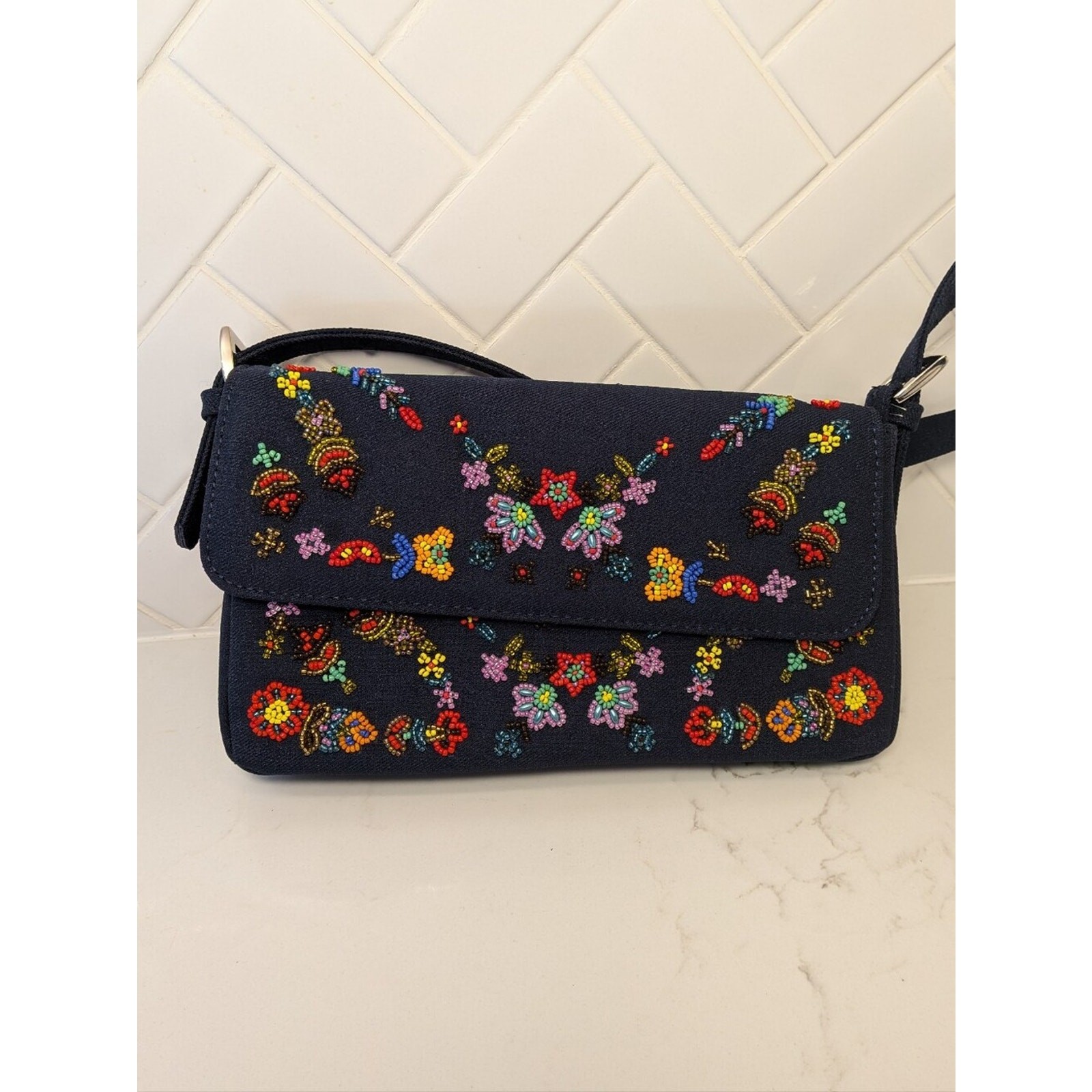 NWOT Vintage Y2K Dark Blue Denim Beaded Floral Shoulder Bag Kidcore Nostalgia