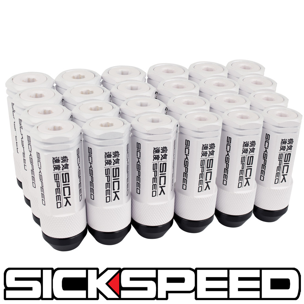 SICKSPEED 24 PC WHITE CAPPED ALUMINUM EXTENDED 50MM 3 PC LUG NUTS 1/2X20 