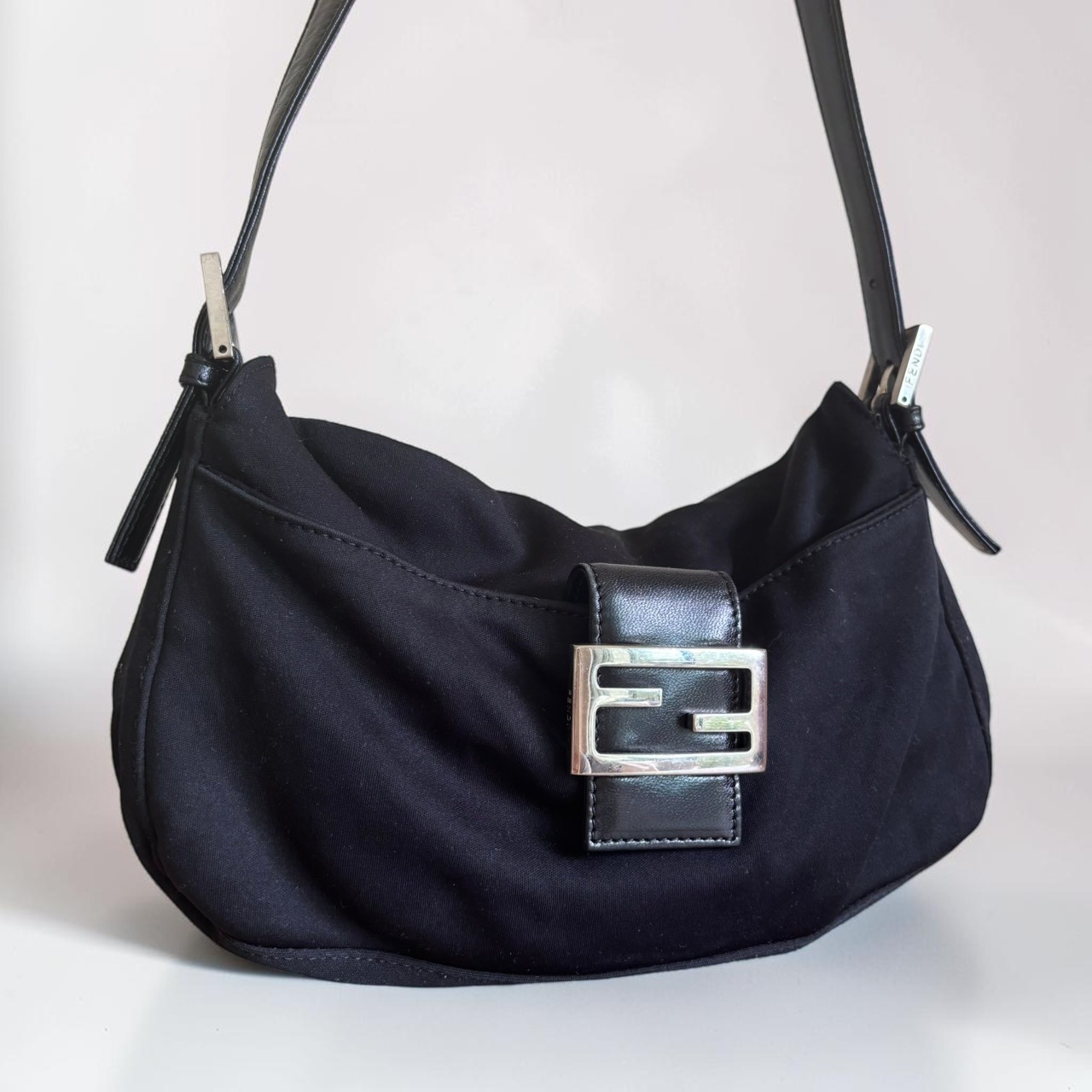 FENDI Mamma Baguette FF Nylon Shoulder Bag Black