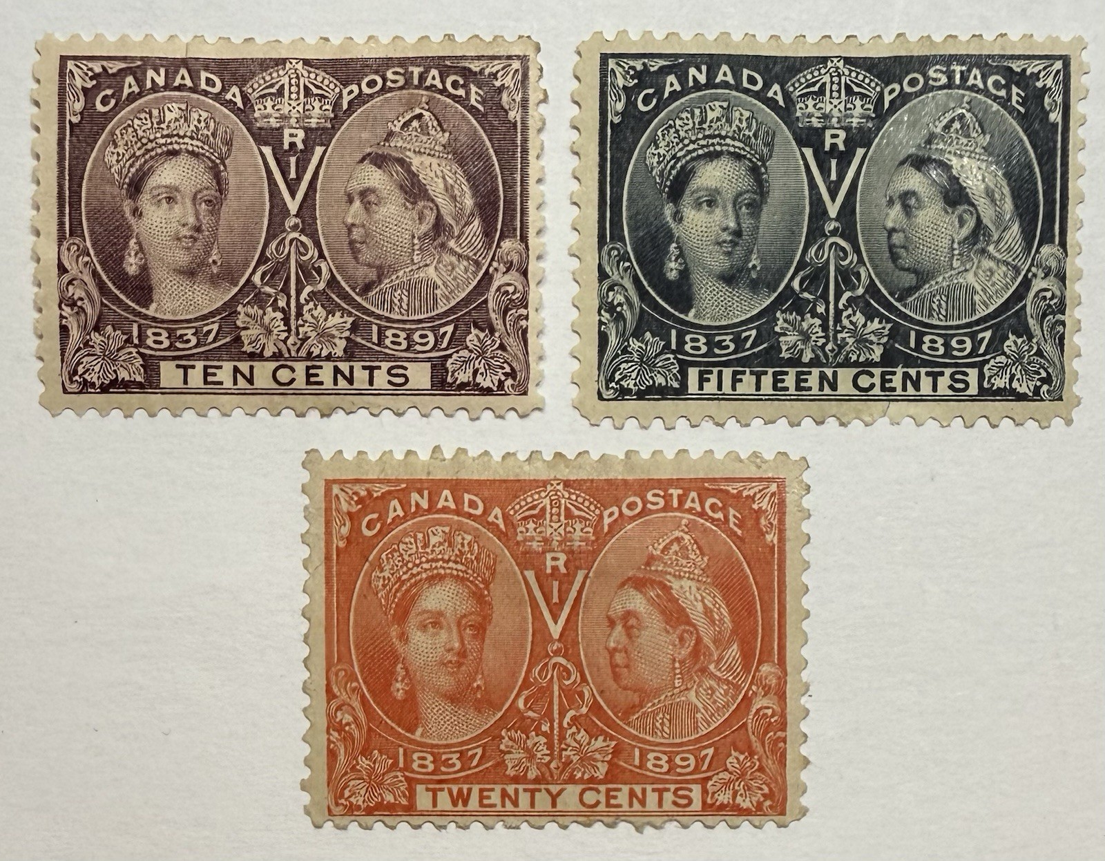 Canada #57-59 1897 Q. Victoria Jubilee series 10c-20c issues MH/faults; $850 UCV Canada #57-59 1897 Q. Victoria Jubilee series 10c-20c issues MH/faults; $850 UCV