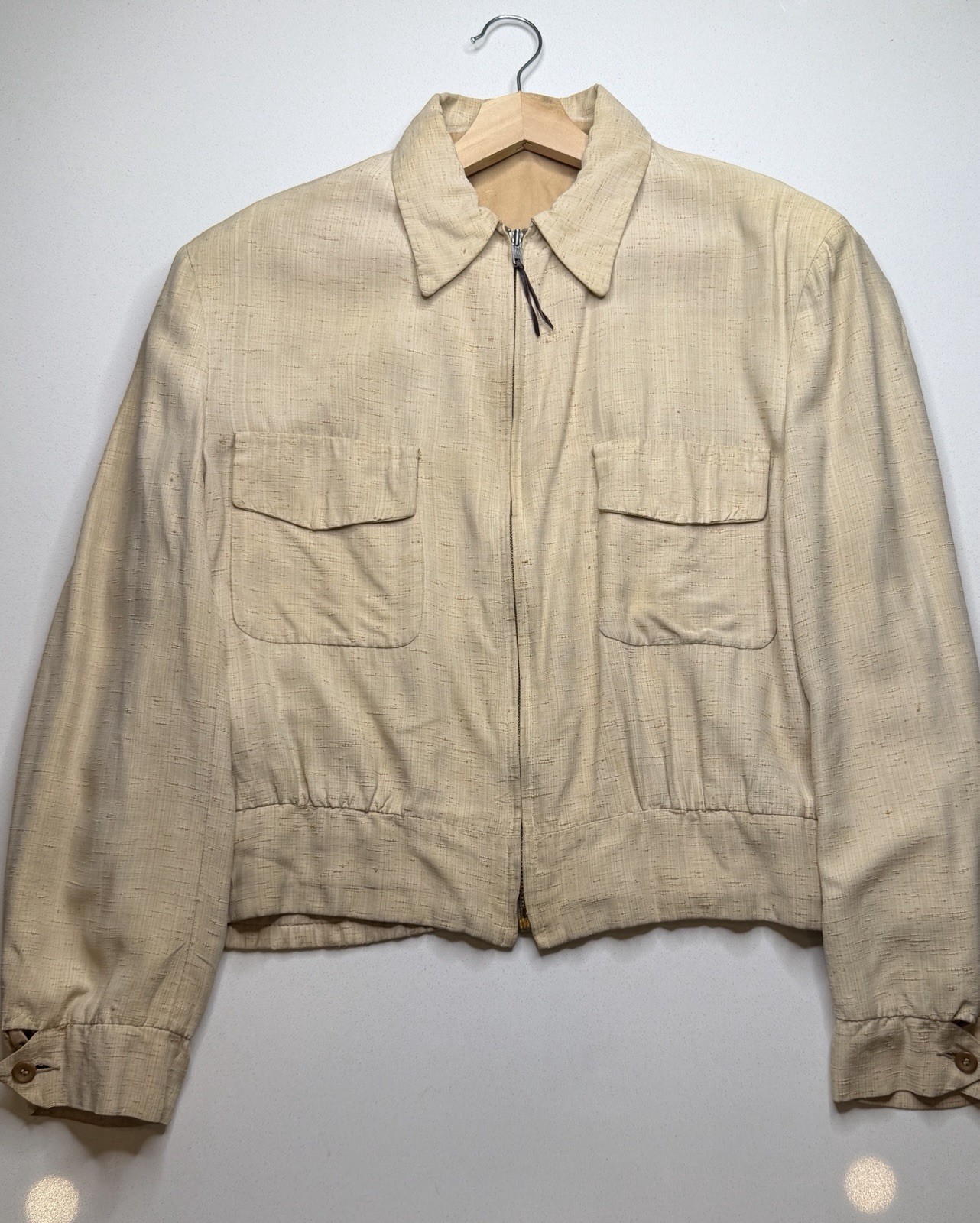 Vintage Beige Slub Zip Jacket Rockabilly Rayon Size M L 46” Chest 1950s 60s Vintage Beige Slub Zip Jacket Rockabilly Rayon Size M L 46” Chest 1950s 60s