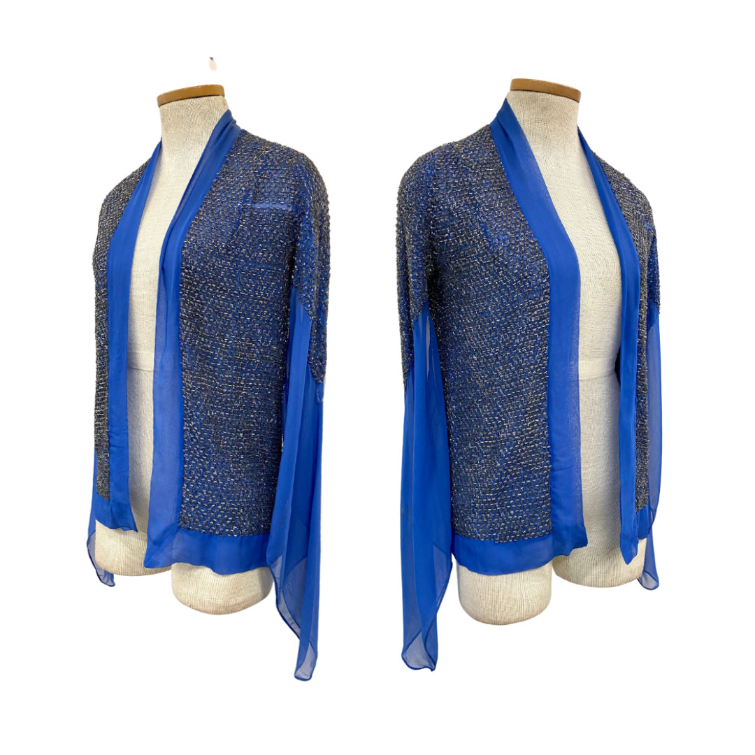 Vtg 20s Antique Deco Era Gatsby Heavily Beaded Blue Silver Layering Duster