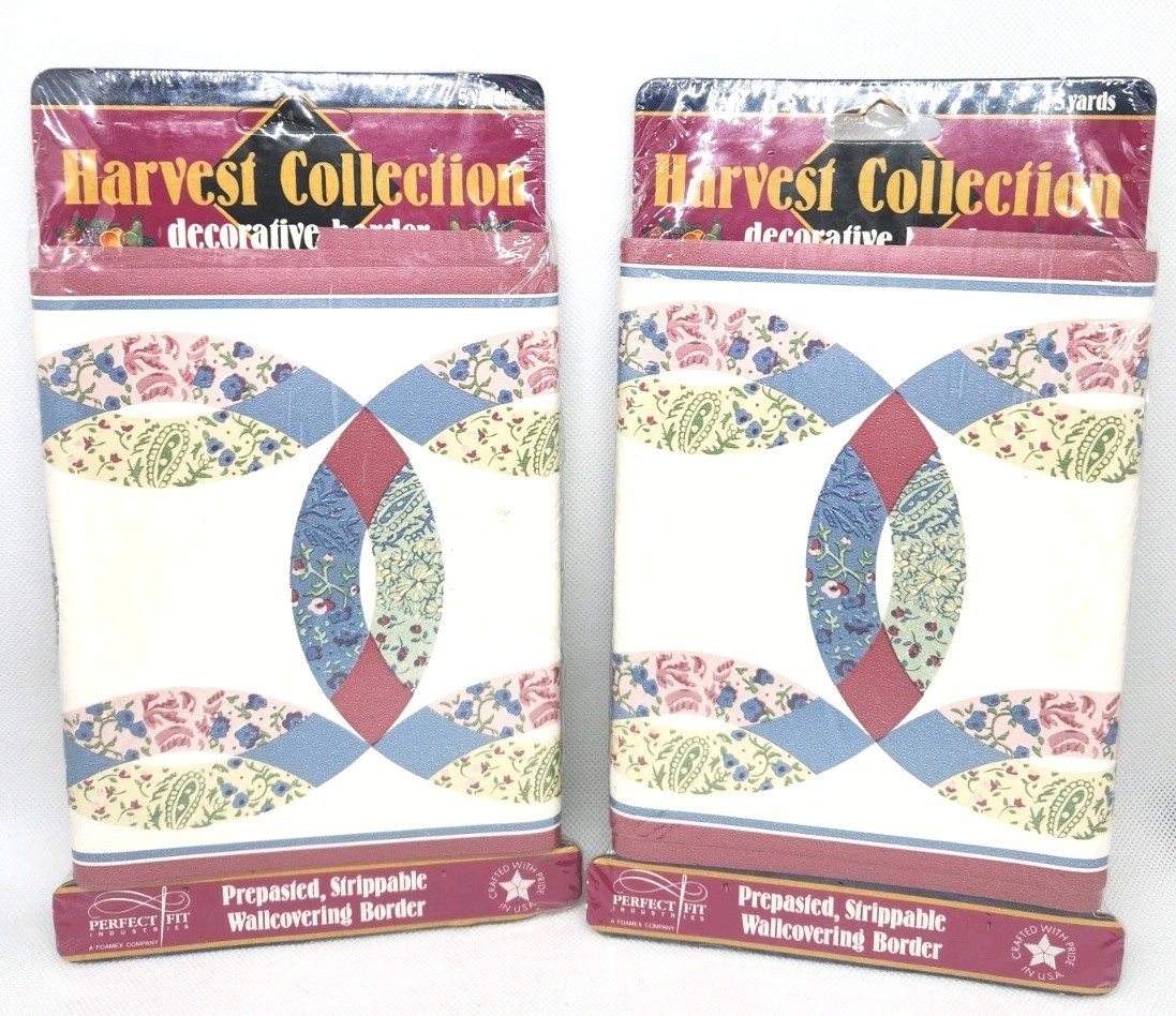 2x Harvest Collection Quilt Block Wedding Ring Wallpaper Border 5 yds ea NOS Vtg