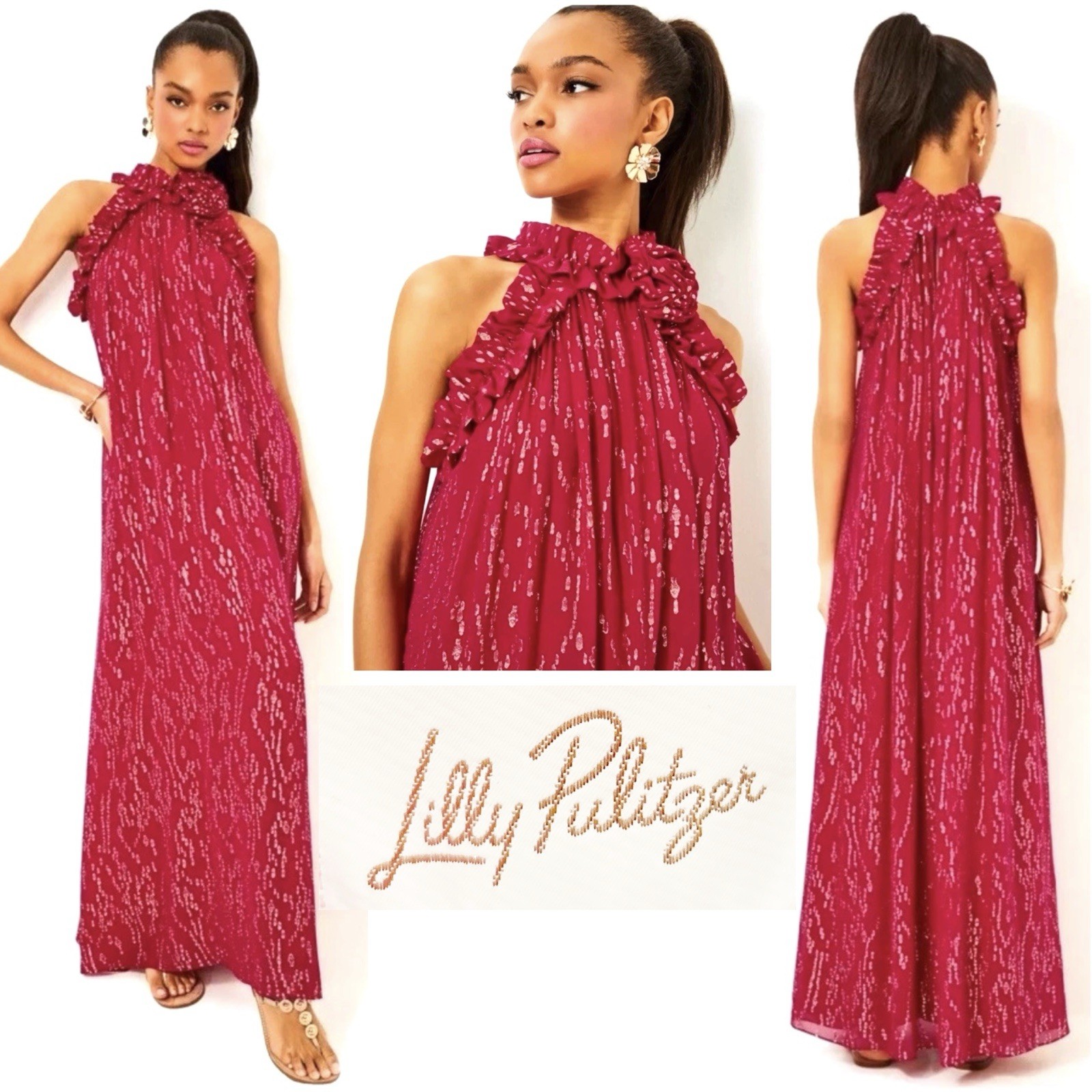 NWT $498 Lilly Pulitzer Florian Silk Maxi Dress 2,4,10,14 Fish Clip Chiffon Red