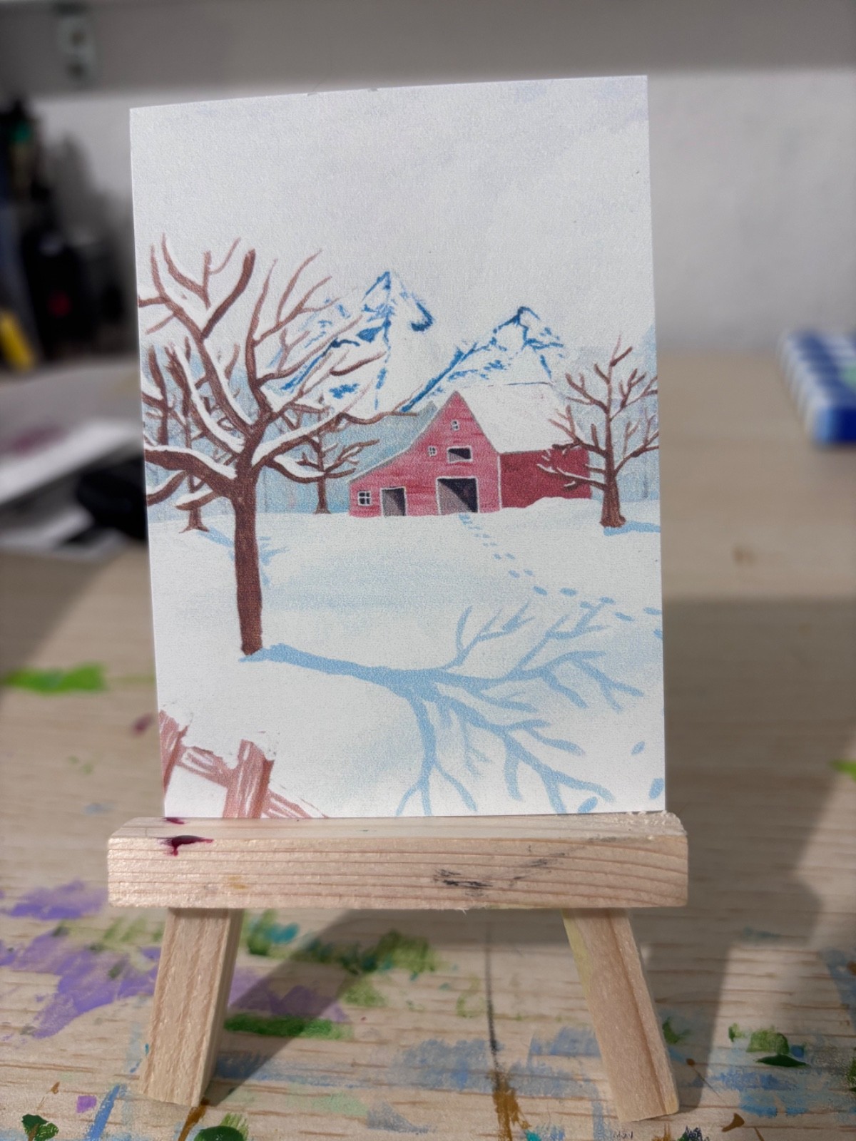 ACEO Original Print, Winter Barn, Acrylic Painting ACEO Original Print, Winter Barn, Acrylic Painting