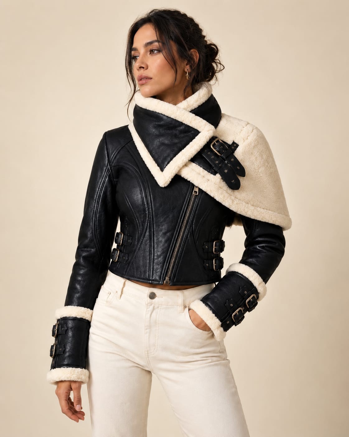 Women’s Black Genuine Leather Shearling Jacket Winter Fur Motorcycle Biker Coat Women’s Black Genuine Leather Shearling Jacket Winter Fur Motorcycle Biker Coat