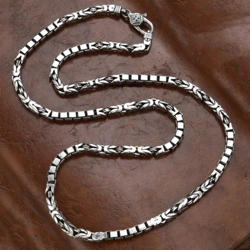 Pure S925 Sterling Silver Men 4mm Byzantine and Box Link Chain Necklace 24inch L