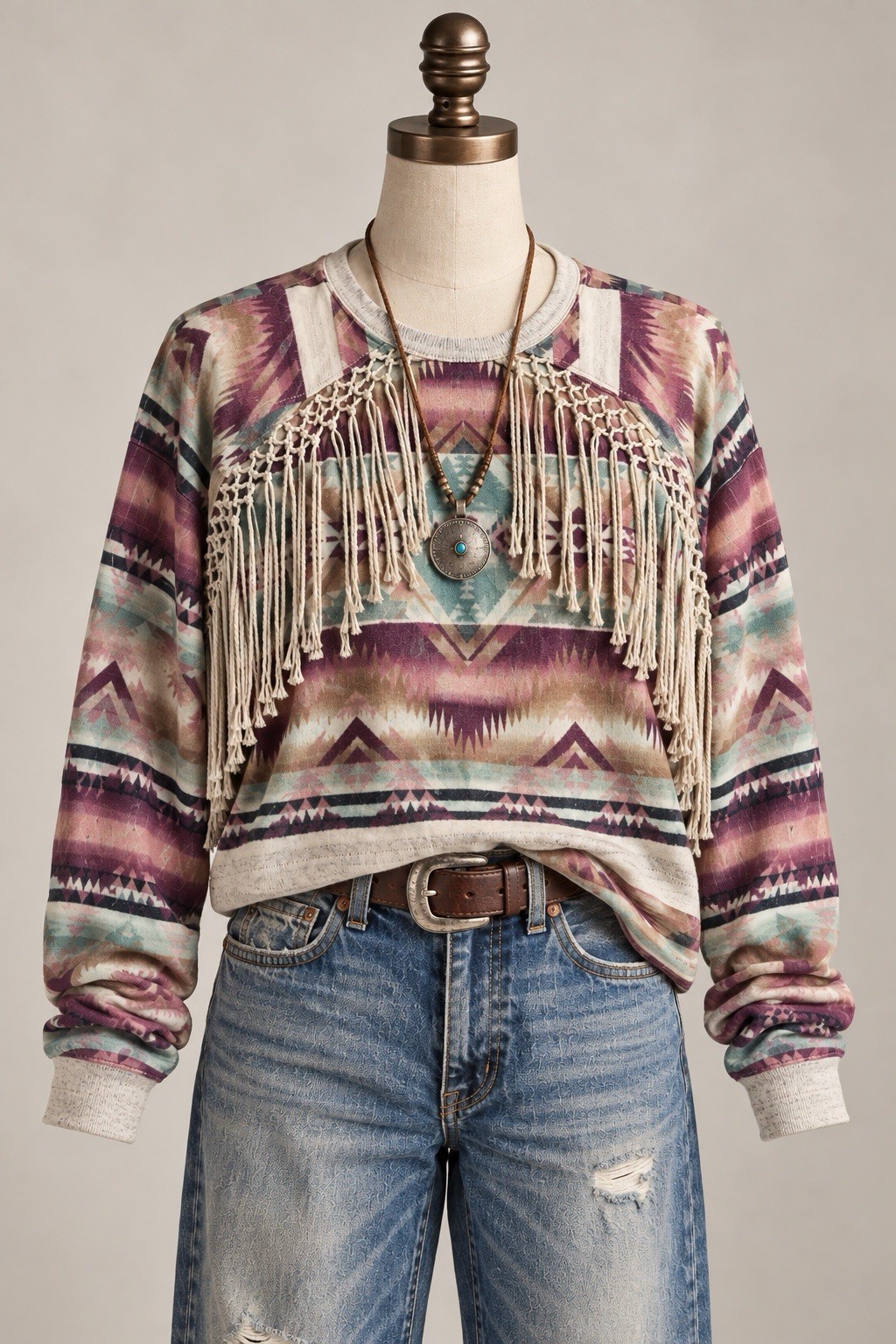 Vintage Denim & Supply Ralph Lauren Top Aztec Southwest Sweatshirt Fringe L Vintage Denim & Supply Ralph Lauren Top Aztec Southwest Sweatshirt Fringe L