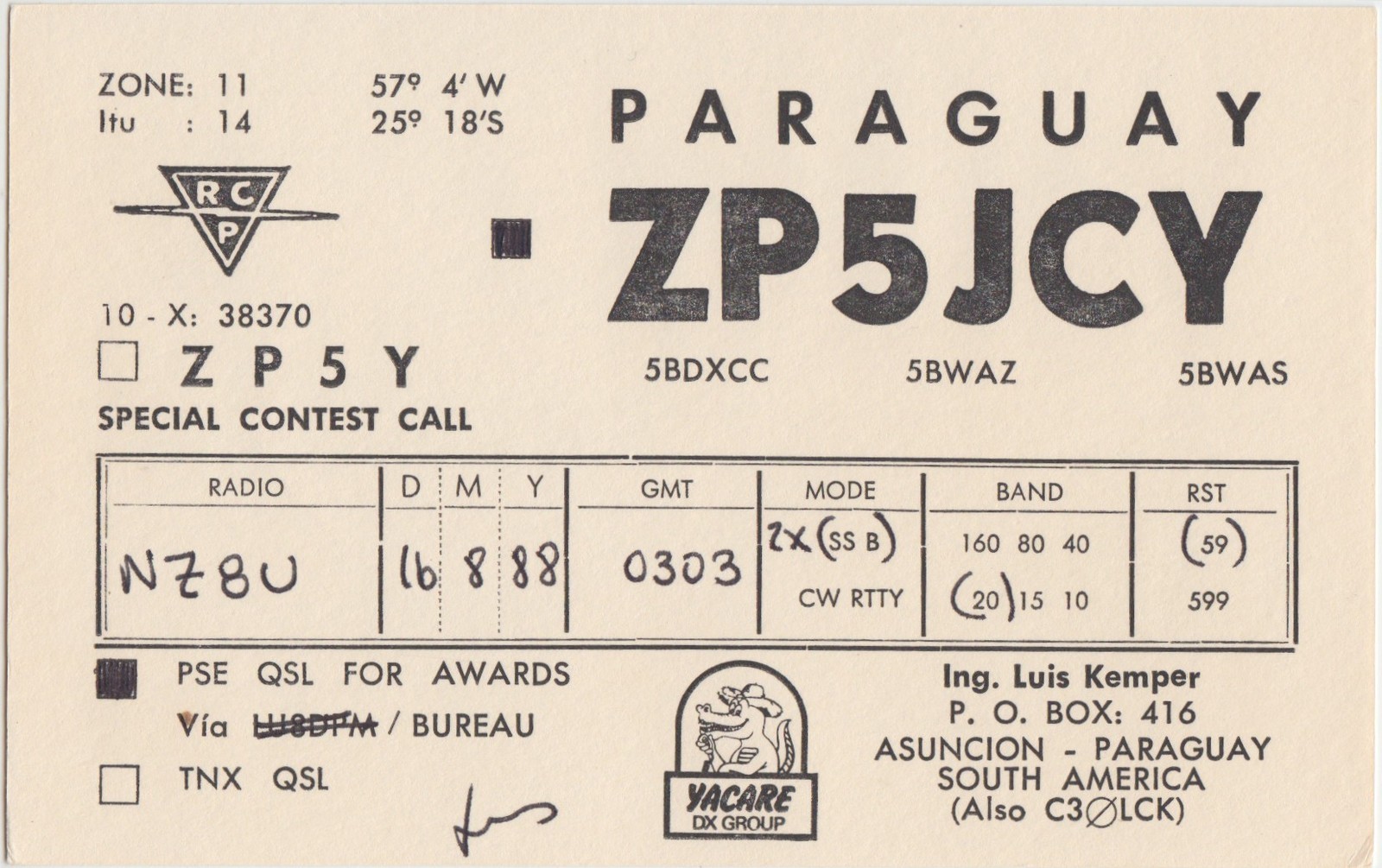 QSL CARD Amateur Radio 1988 PARAGUAY SOuth America