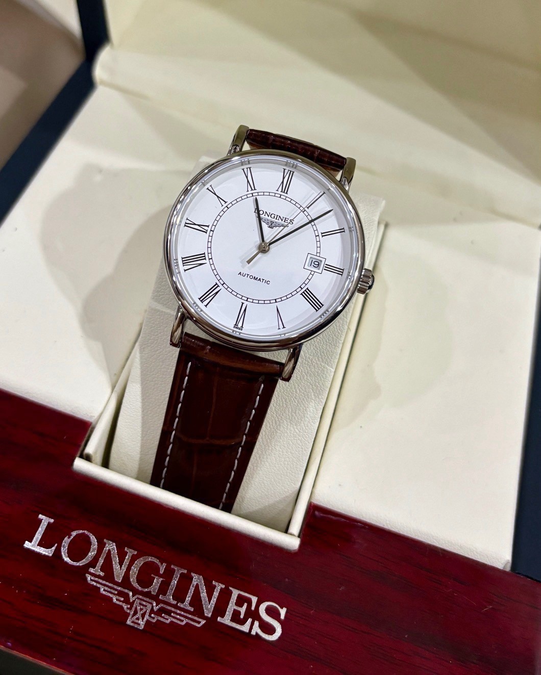 Longines L4.921.4.11.2 38.5mm Automatic Watch White Roman Dial Brown Leather