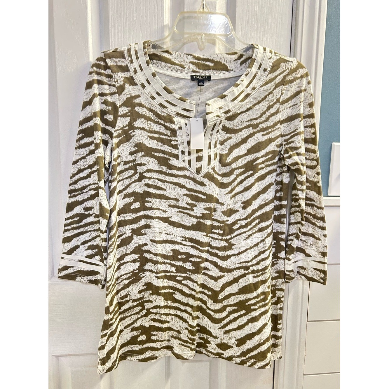 NEW TALBOTS OLIVE & WHITE ZEBRA PRINT TOP