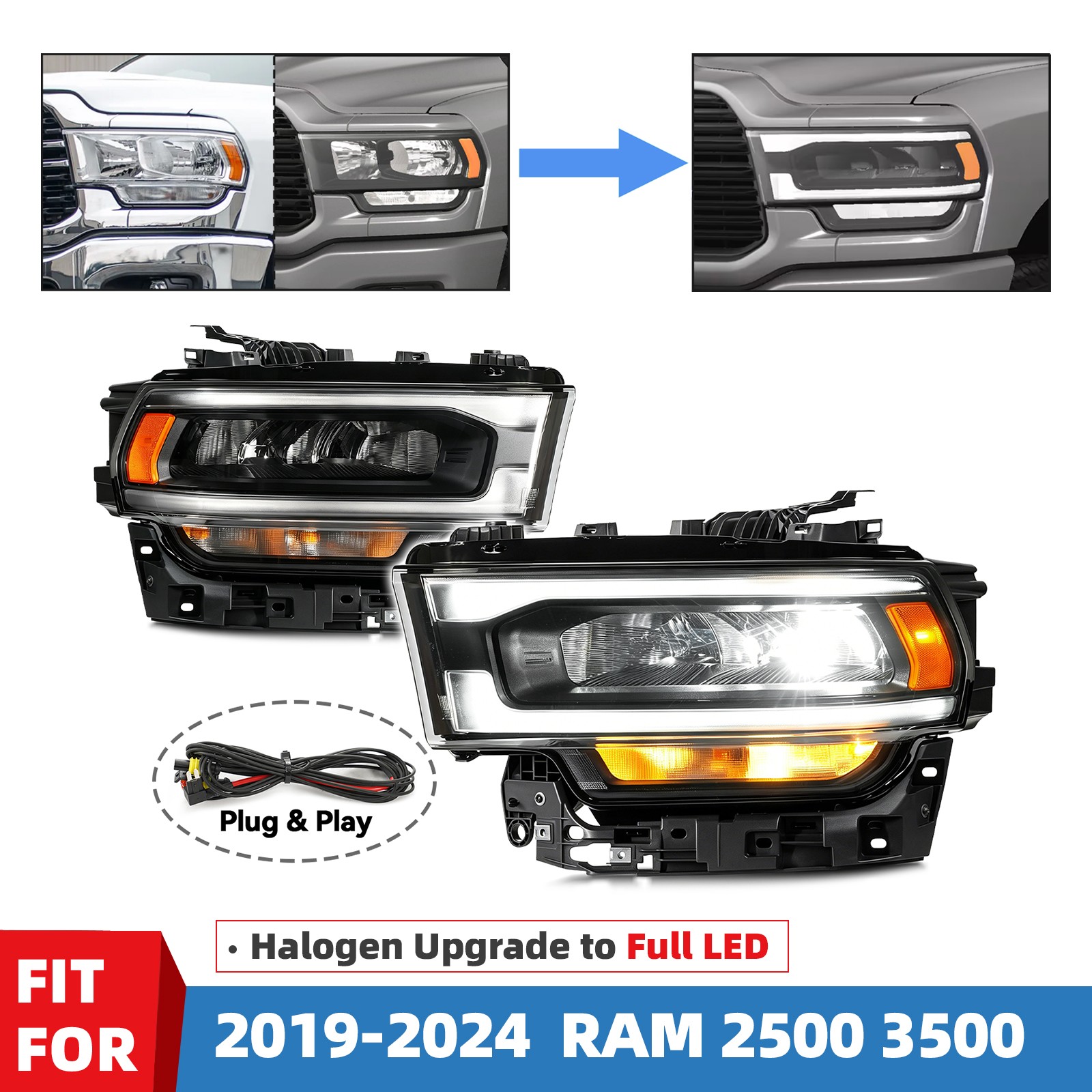 For 2019-2024 RAM 2500 3500 Halogen Upgrade Full LED Headlights W/ Module Pair For 2019-2024 RAM 2500 3500 Halogen Upgrade Full LED Headlights W/ Module Pair