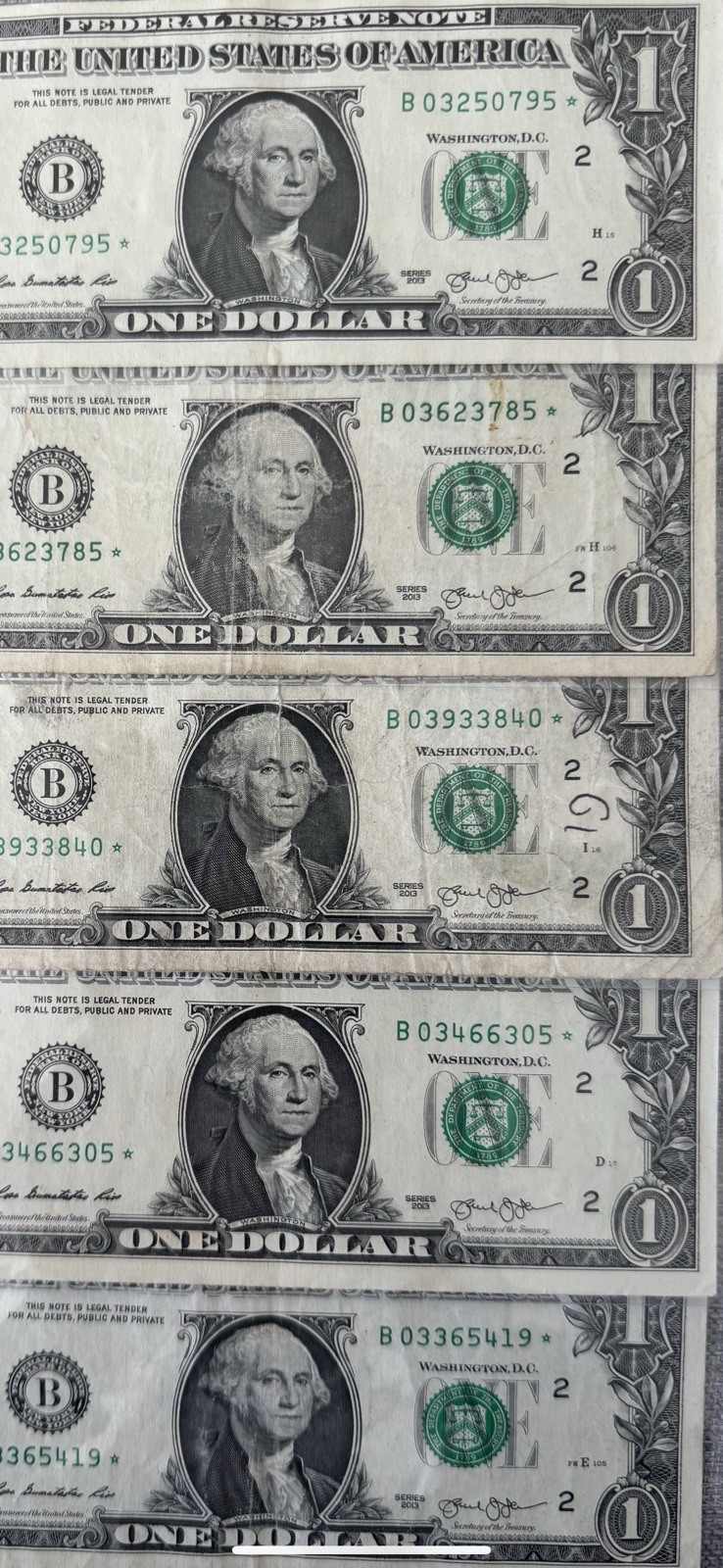 Fancy $1 Circulated Duplicate Lot Of 5 NYB Notes Year 2013 Mixed BEP Fancy $1 Circulated Duplicate Lot Of 5 NYB Notes Year 2013 Mixed BEP