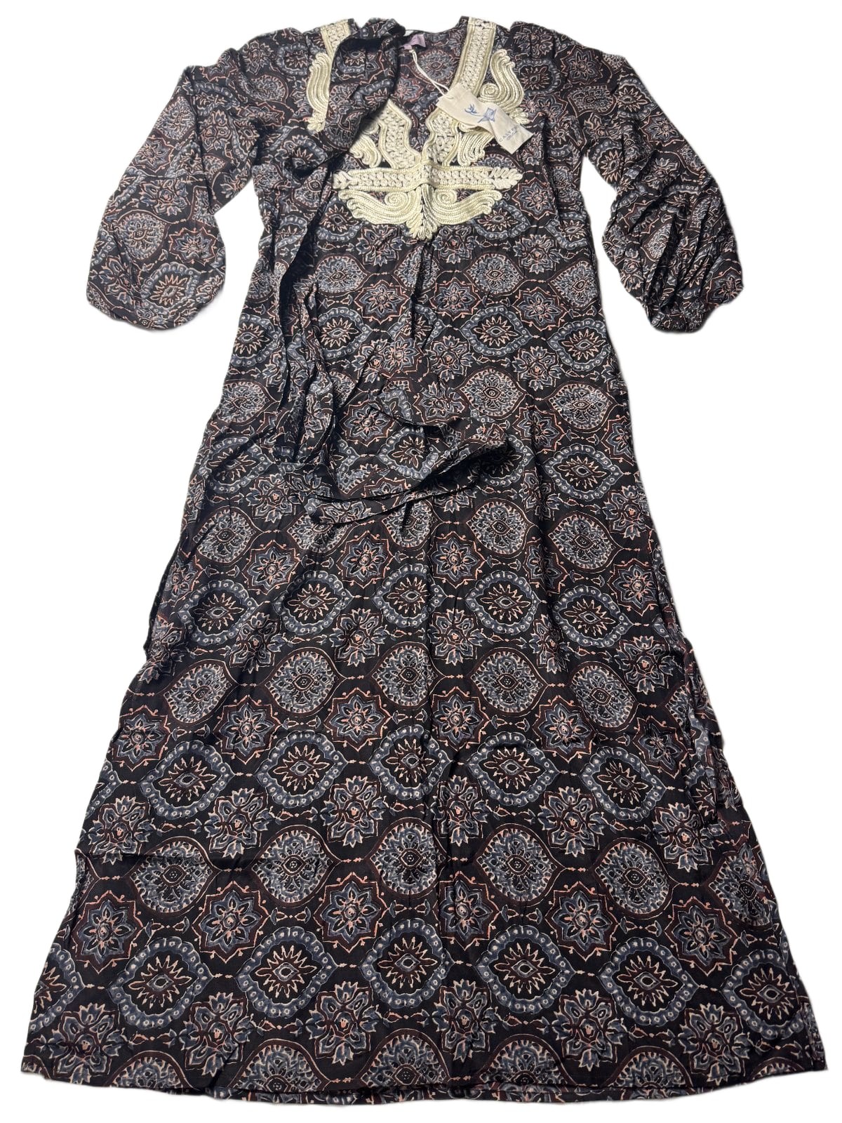 Calypso St Barth Maxi Dress Womens S Black Blue Print Soutache Boho Caftan NWT