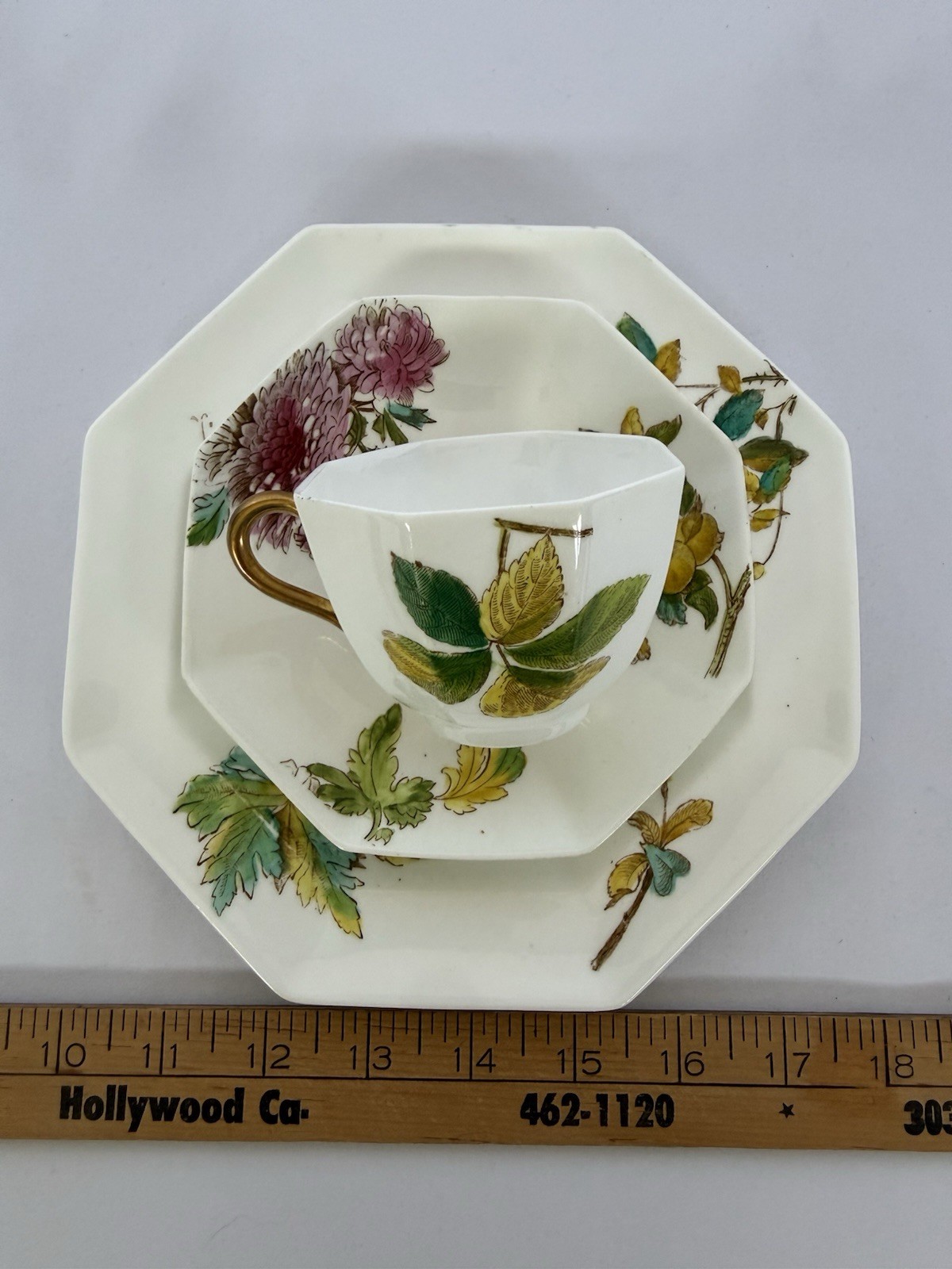 Antique 19th C. Wedgwood Octagonal Tea Trio Cup Saucer Plate Botanical Gilt RARE