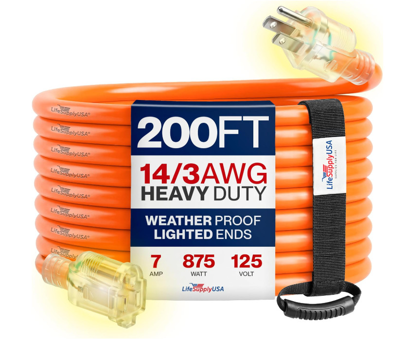 200ft Outdoor/Indoor Extension Cord 14/3 Gauge Heavy Duty 3 Prong SJTW 200ft Outdoor/Indoor Extension Cord 14/3 Gauge Heavy Duty 3 Prong SJTW