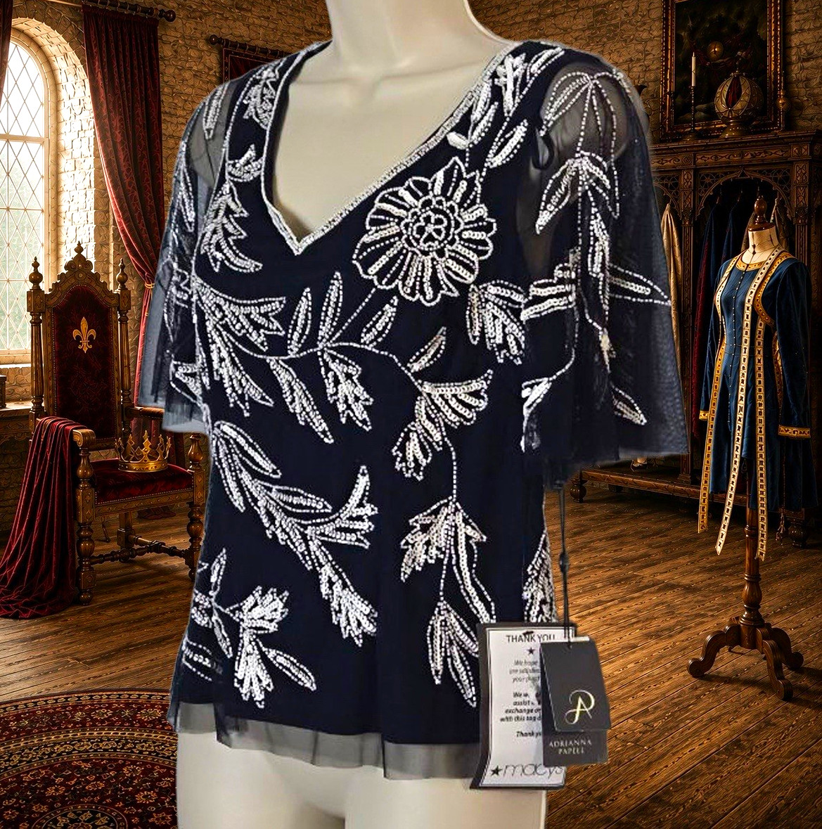 Adrianna Papell NWT Size 2 Beaded Mesh Sequin Floral Flutter Sleeve V Neck Top Adrianna Papell NWT Size 2 Beaded Mesh Sequin Floral Flutter Sleeve V Neck Top