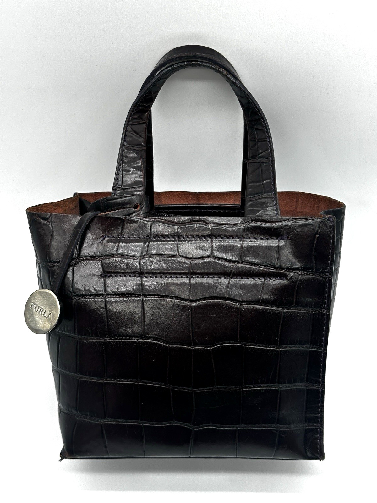 Furla Vintage Y2K Dark Brown Croc Embossed Leather Mini Tote Bag Charm
