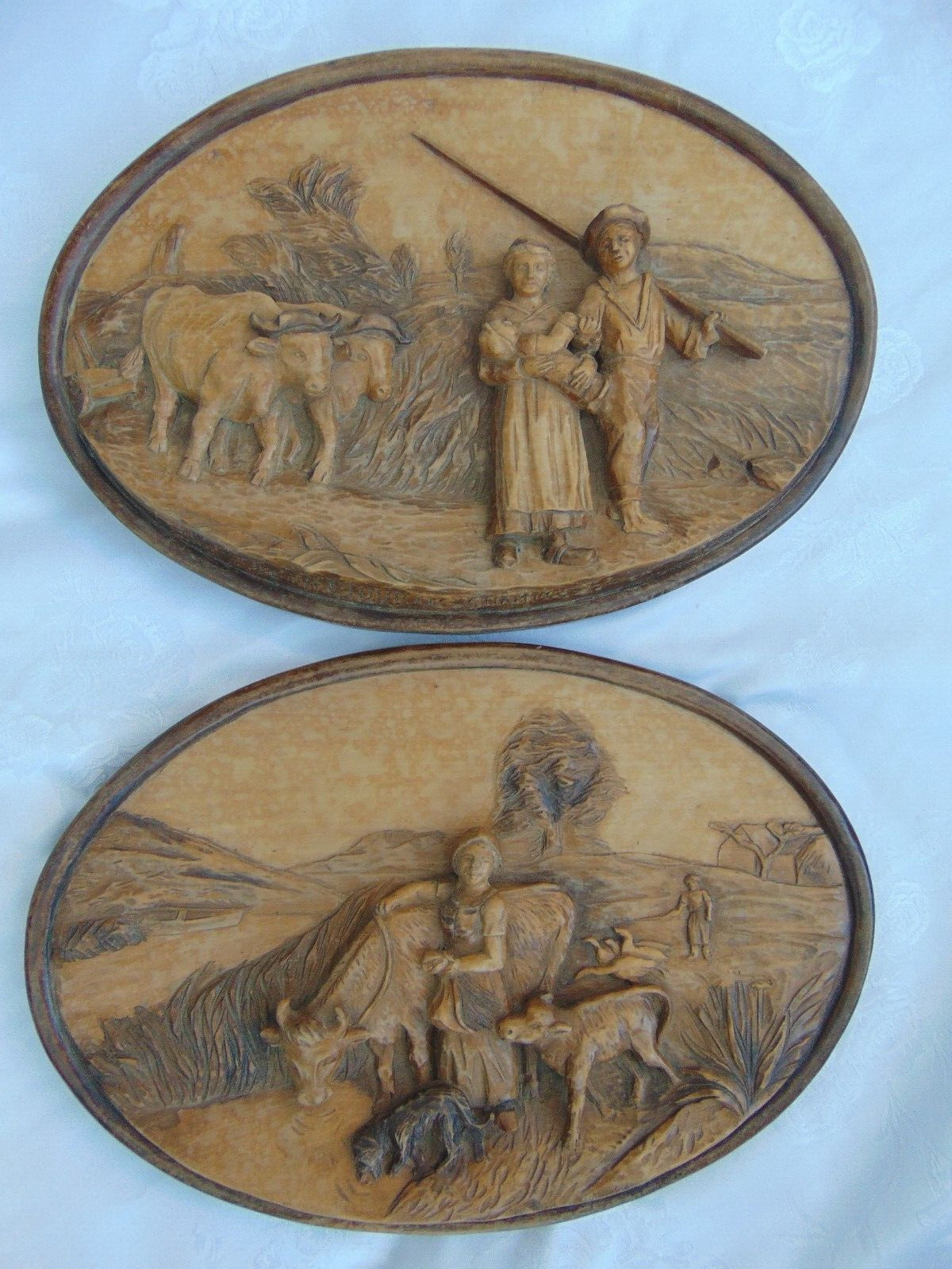 Pair Vintage French Folk Art Carved Wooden Plaques in High Relief