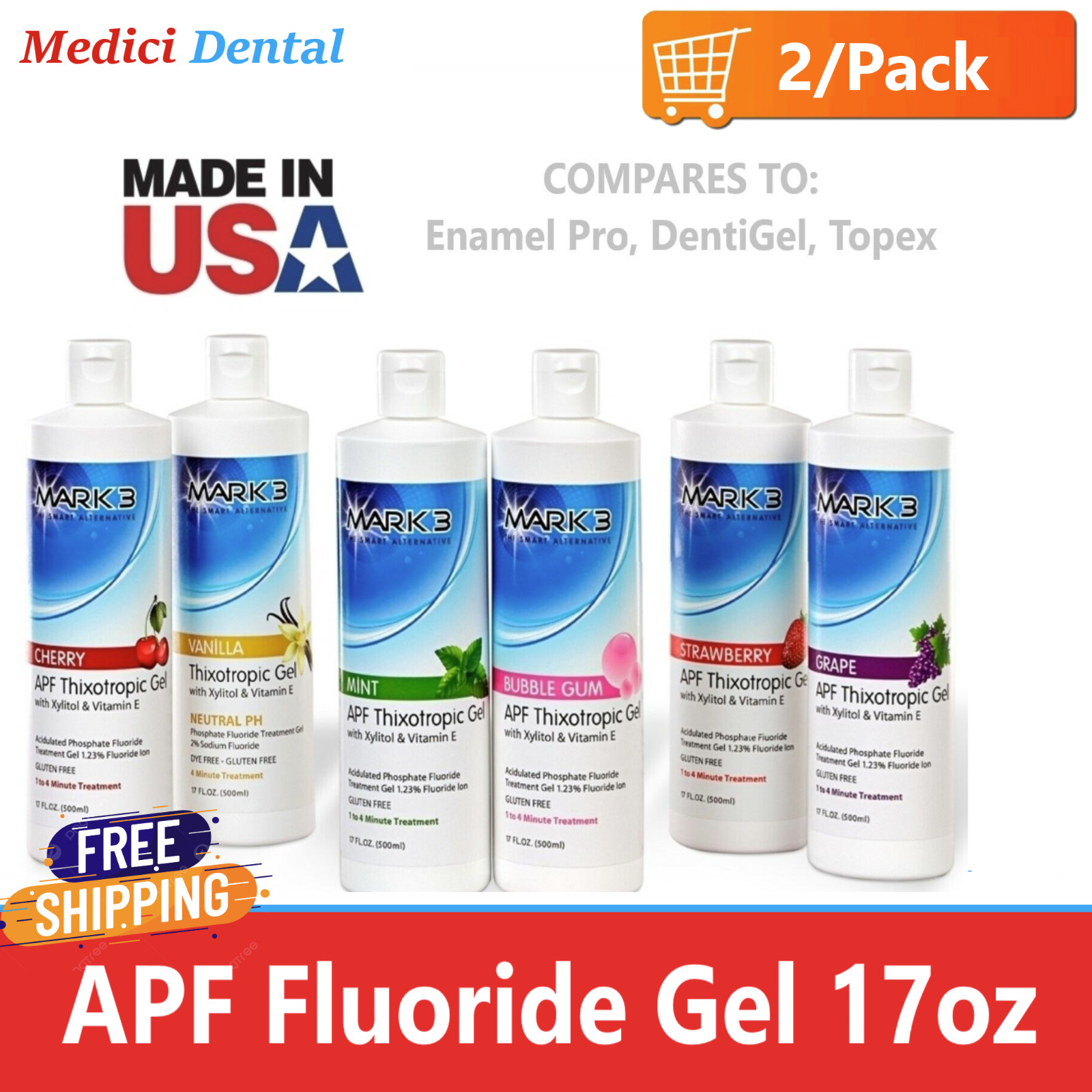 2 x Bottles Dental Fluoride Gel 60 Second 17 Oz 1.23% APF, 6 Flavors, Made USA