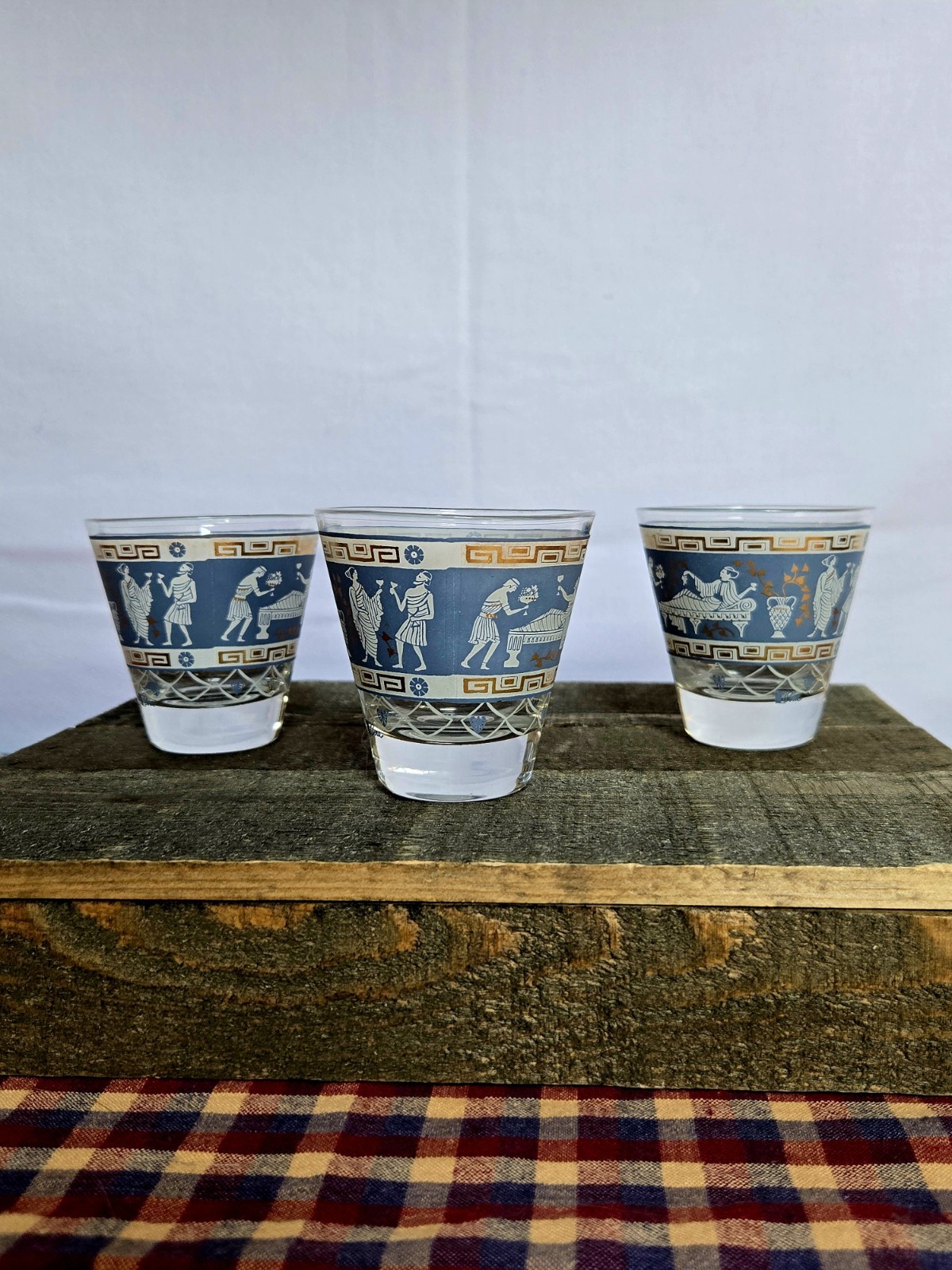 Vintage Cera Glass Etruscan Frieze Shot Glasses Blue & 22K Gold MCM Set of 3