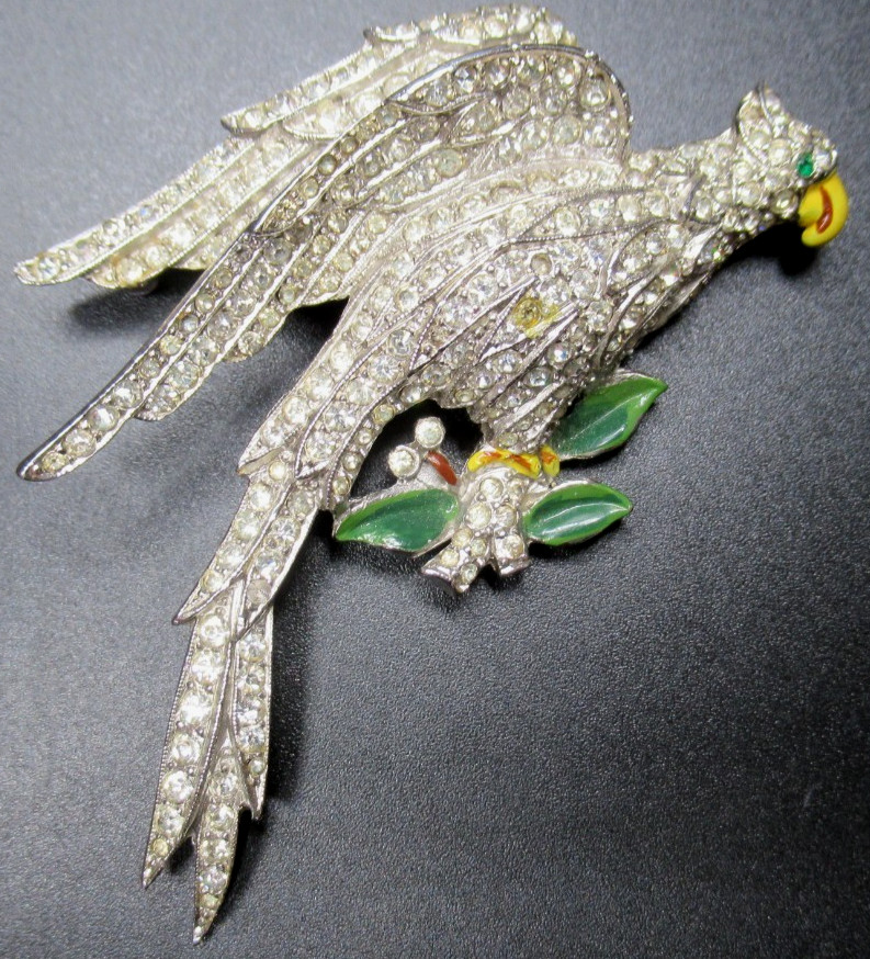 CORO Sparkling Ice Rhinestone Enamel Bird Early Vintage Pin Brooch