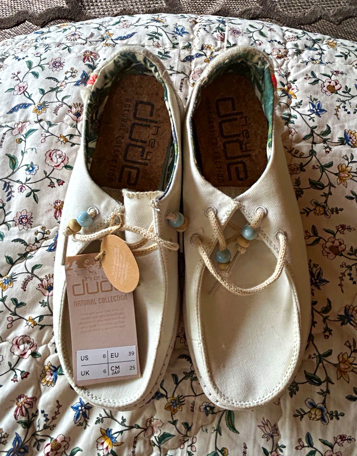 Hey Dude Wally Natural White Canvas Lightweight Cork Insole Boat Shoes US 8