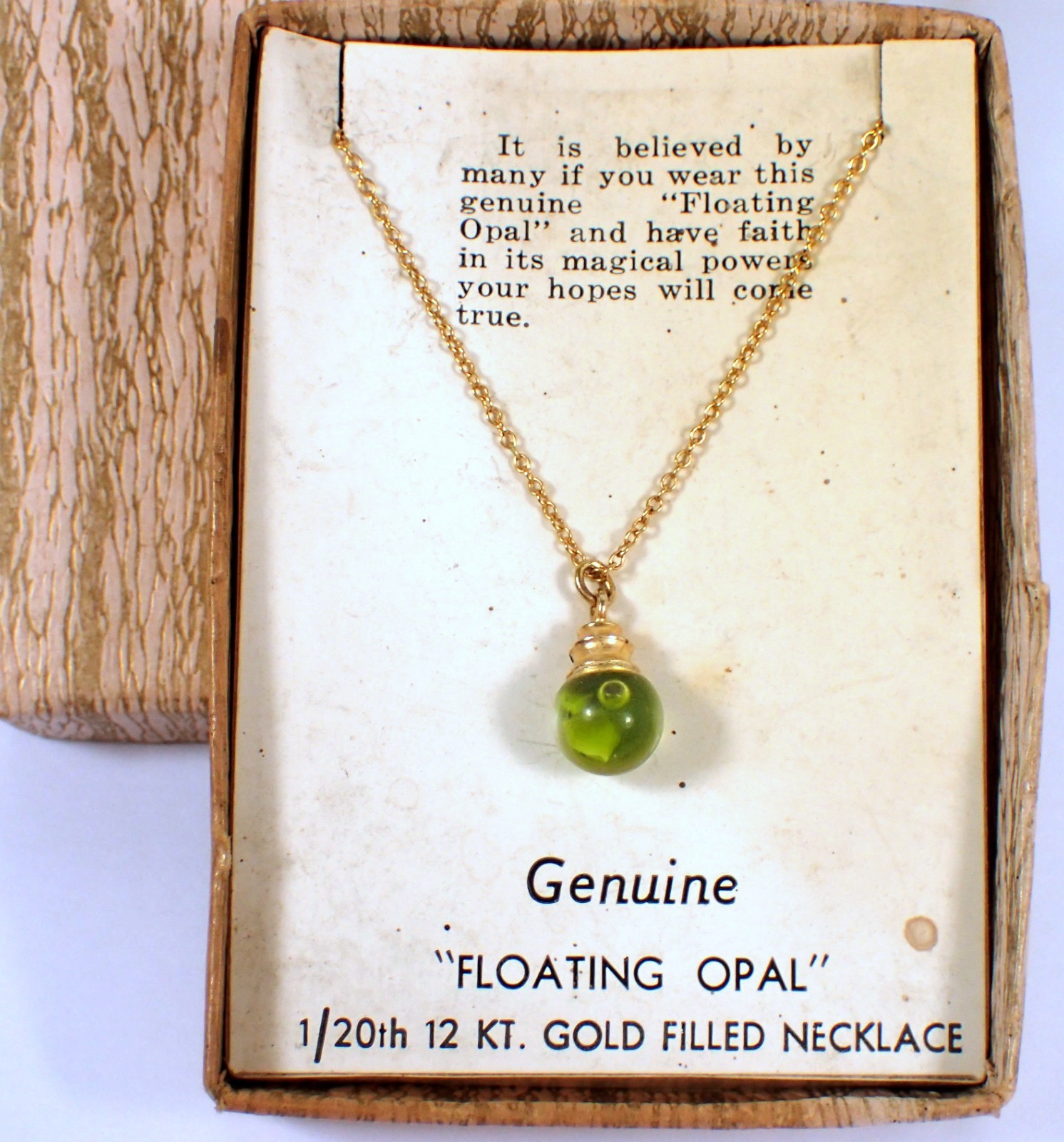 Vtg 12k Gold Filled Genuine OPAL Floating Good Luck Pendant Chain Necklace w Box